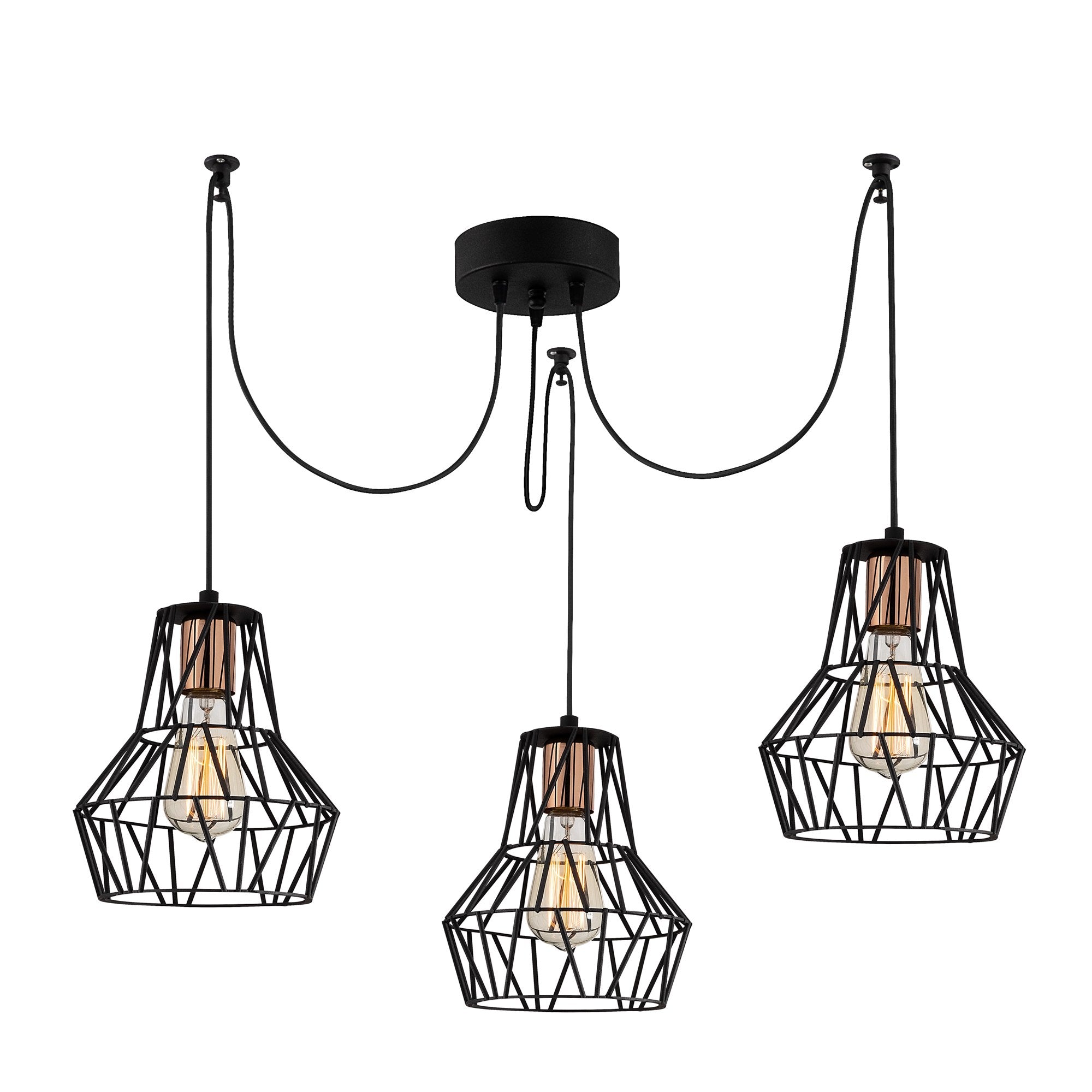 Candeeiro de Teto Industrial Preto, 110 cm de Diâmetro, 113 cm de Altura | Corpo de Metal, 3 Soquetes E27, Cabo de 180 cm | Iluminação Elegante para Espaços Modernos
