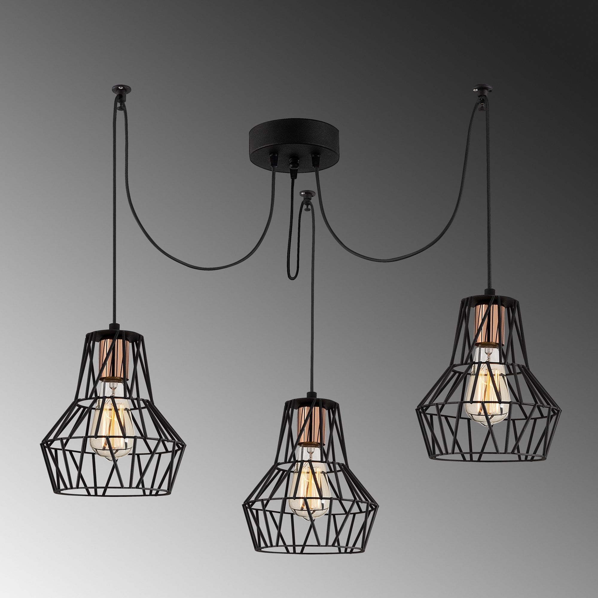 Candeeiro de Teto Industrial Preto, 110 cm de Diâmetro, 113 cm de Altura | Corpo de Metal, 3 Soquetes E27, Cabo de 180 cm | Iluminação Elegante para Espaços Modernos