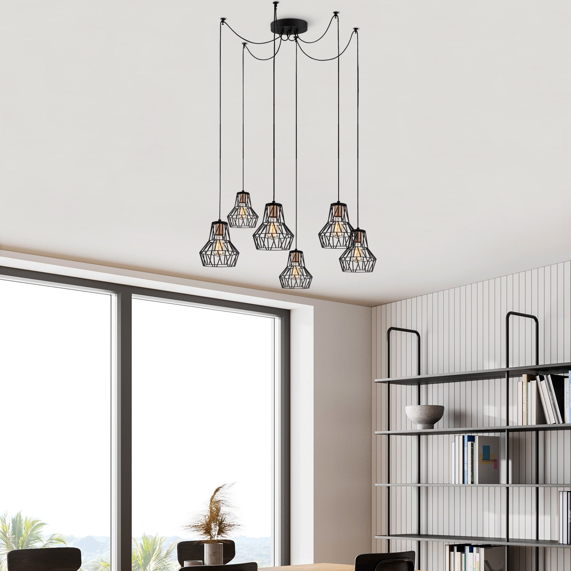 Candeeiro de Teto Industrial, Corpo em Metal Preto, 140 cm de Diâmetro, 113 cm de Altura | 6 Soquetes E27, IP20 | Iluminação Elegante para Espaços Modernos