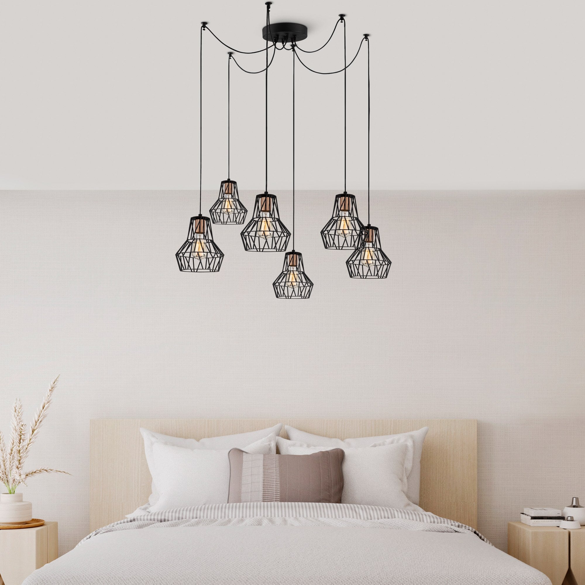 Candeeiro de Teto Industrial, Corpo em Metal Preto, 140 cm de Diâmetro, 113 cm de Altura | 6 Soquetes E27, IP20 | Iluminação Elegante para Espaços Modernos