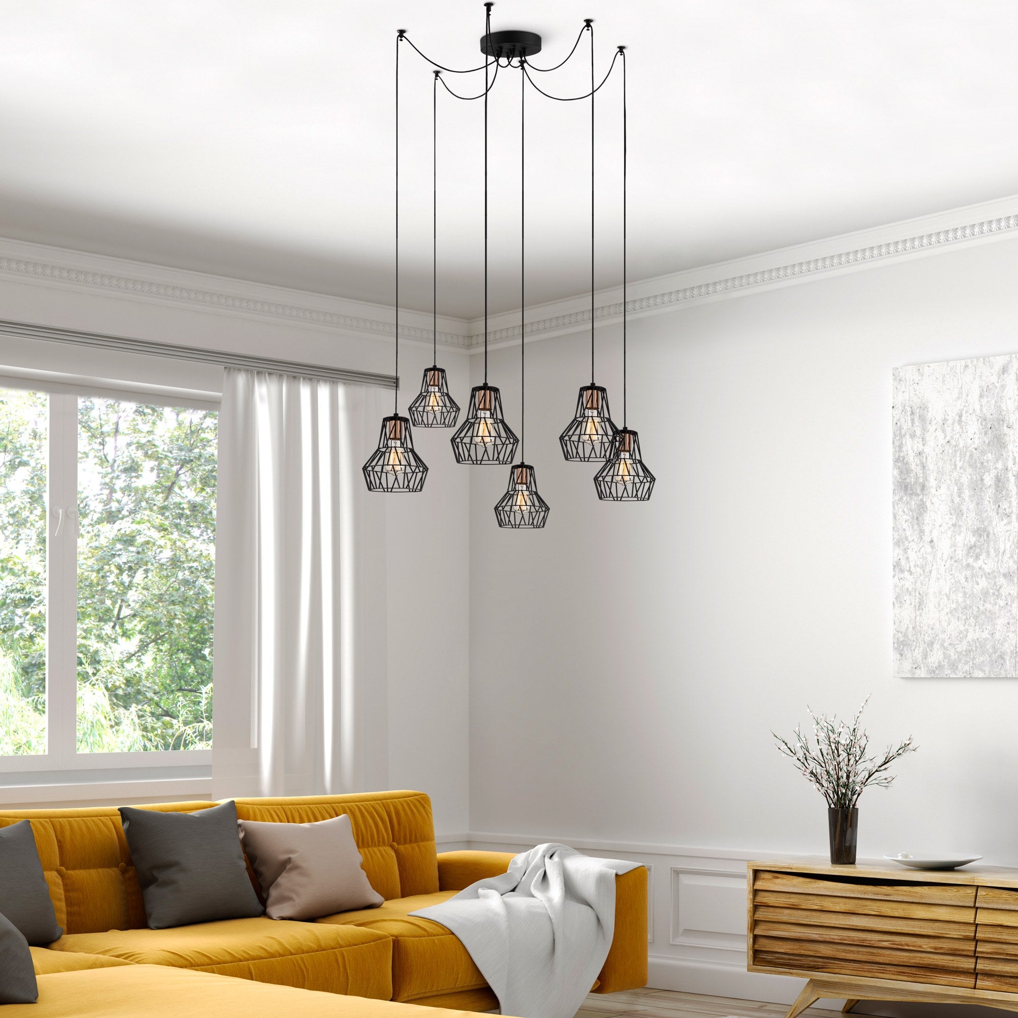 Candeeiro de Teto Industrial, Corpo em Metal Preto, 140 cm de Diâmetro, 113 cm de Altura | 6 Soquetes E27, IP20 | Iluminação Elegante para Espaços Modernos