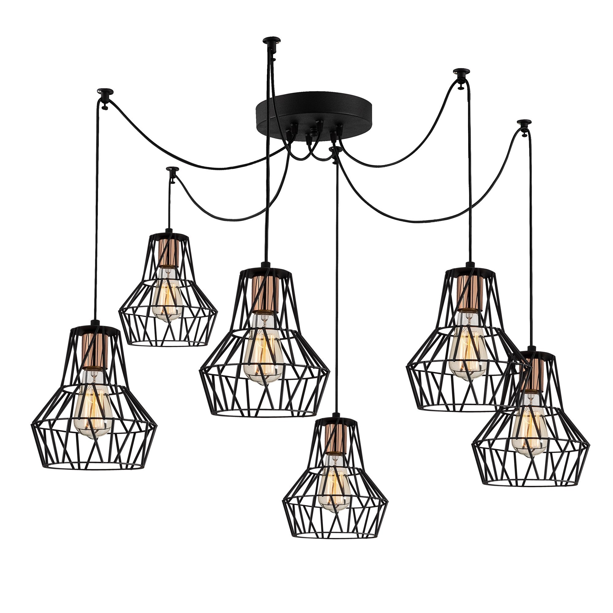 Candeeiro de Teto Industrial, Corpo em Metal Preto, 140 cm de Diâmetro, 113 cm de Altura | 6 Soquetes E27, IP20 | Iluminação Elegante para Espaços Modernos