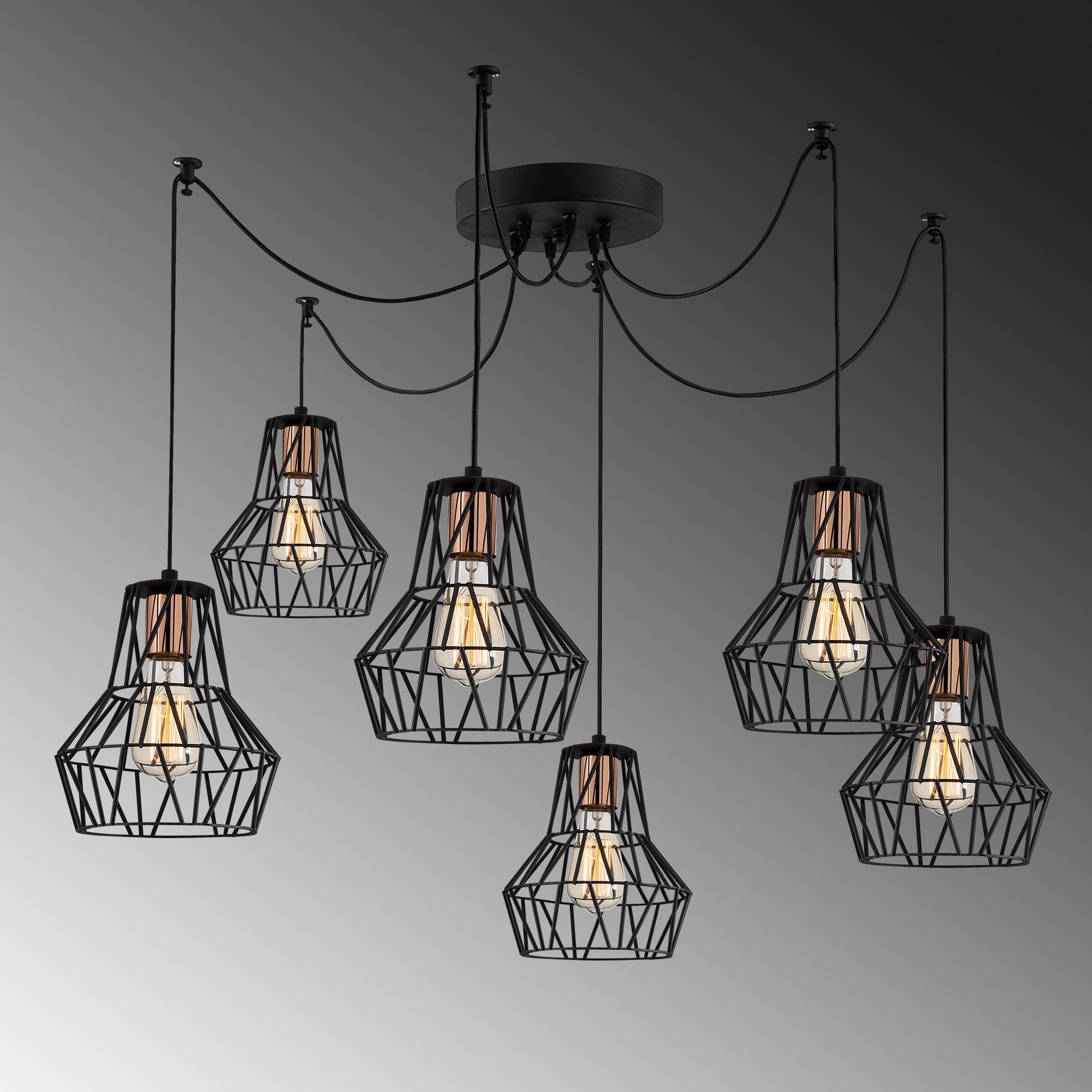 Candeeiro de Teto Industrial, Corpo em Metal Preto, 140 cm de Diâmetro, 113 cm de Altura | 6 Soquetes E27, IP20 | Iluminação Elegante para Espaços Modernos