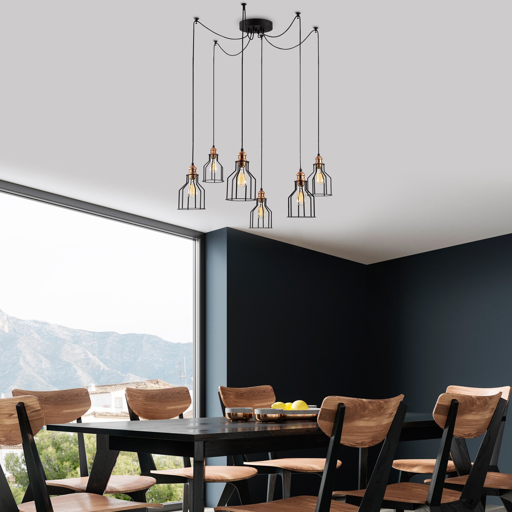 Candeeiro de Teto Industrial Preto, 137 cm de Diâmetro, 111 cm de Altura | Corpo em Metal, 6 Soquetes E27, IP20 | Perfeito para Decoração Moderna e Soluções de Iluminação