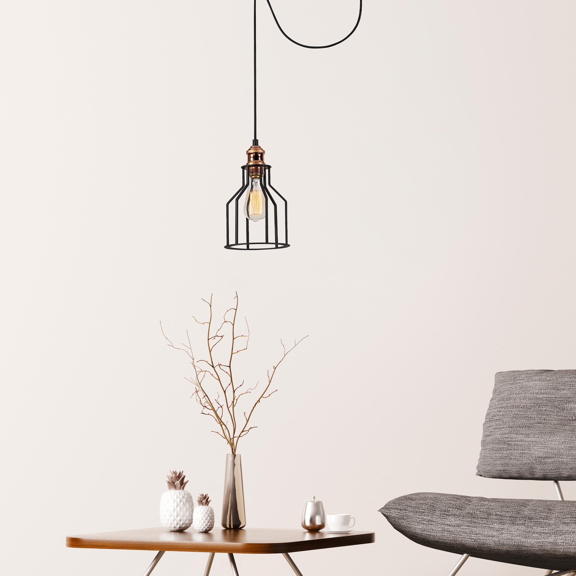 Candeeiro de Teto Industrial Elegante, Preto e Bronze, 54 cm de Diâmetro, 113 cm de Altura | Corpo em Metal, Soquete E27, Cabo de 180 cm | Design Escandinavo Moderno para Casa