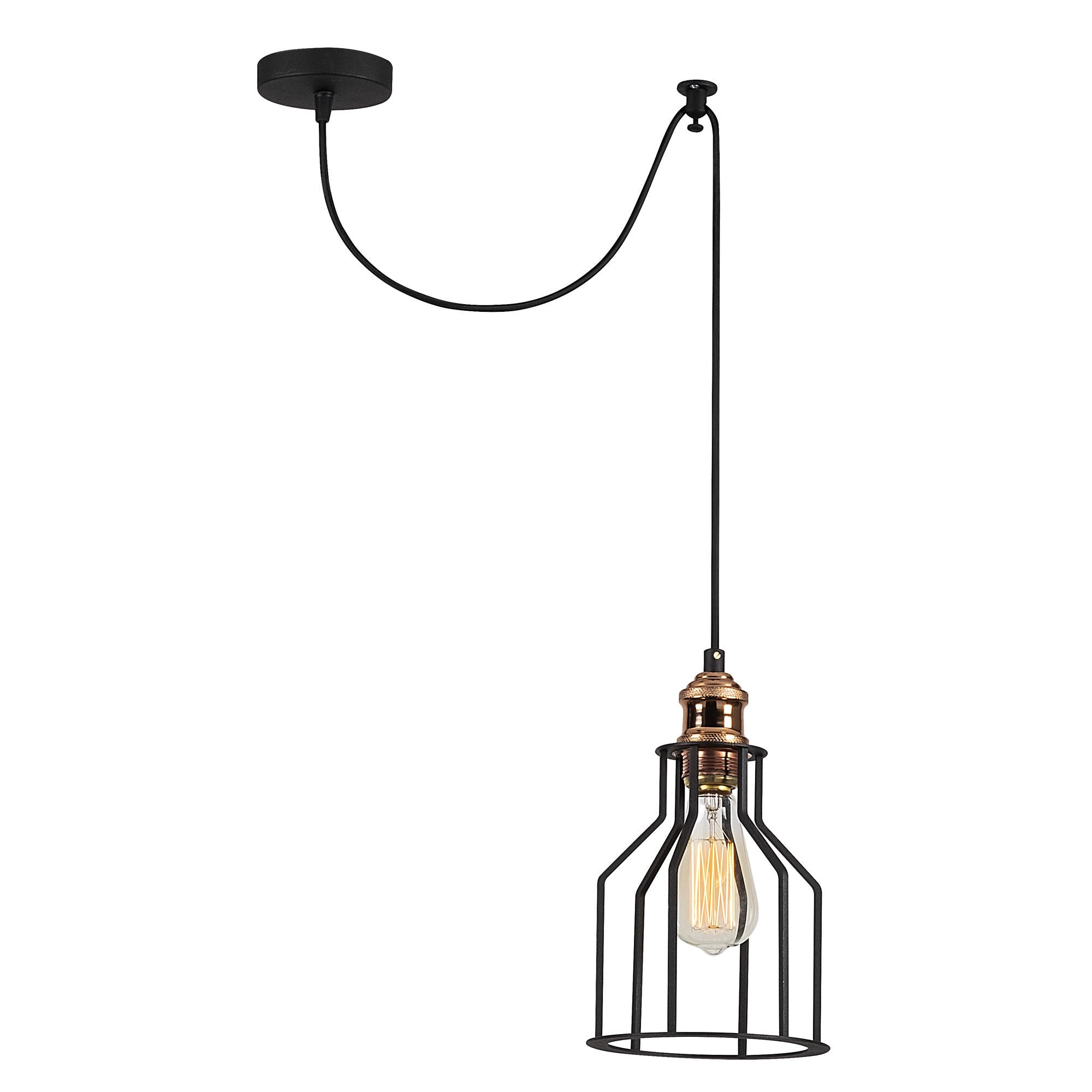 Candeeiro de Teto Industrial Elegante, Preto e Bronze, 54 cm de Diâmetro, 113 cm de Altura | Corpo em Metal, Soquete E27, Cabo de 180 cm | Design Escandinavo Moderno para Casa