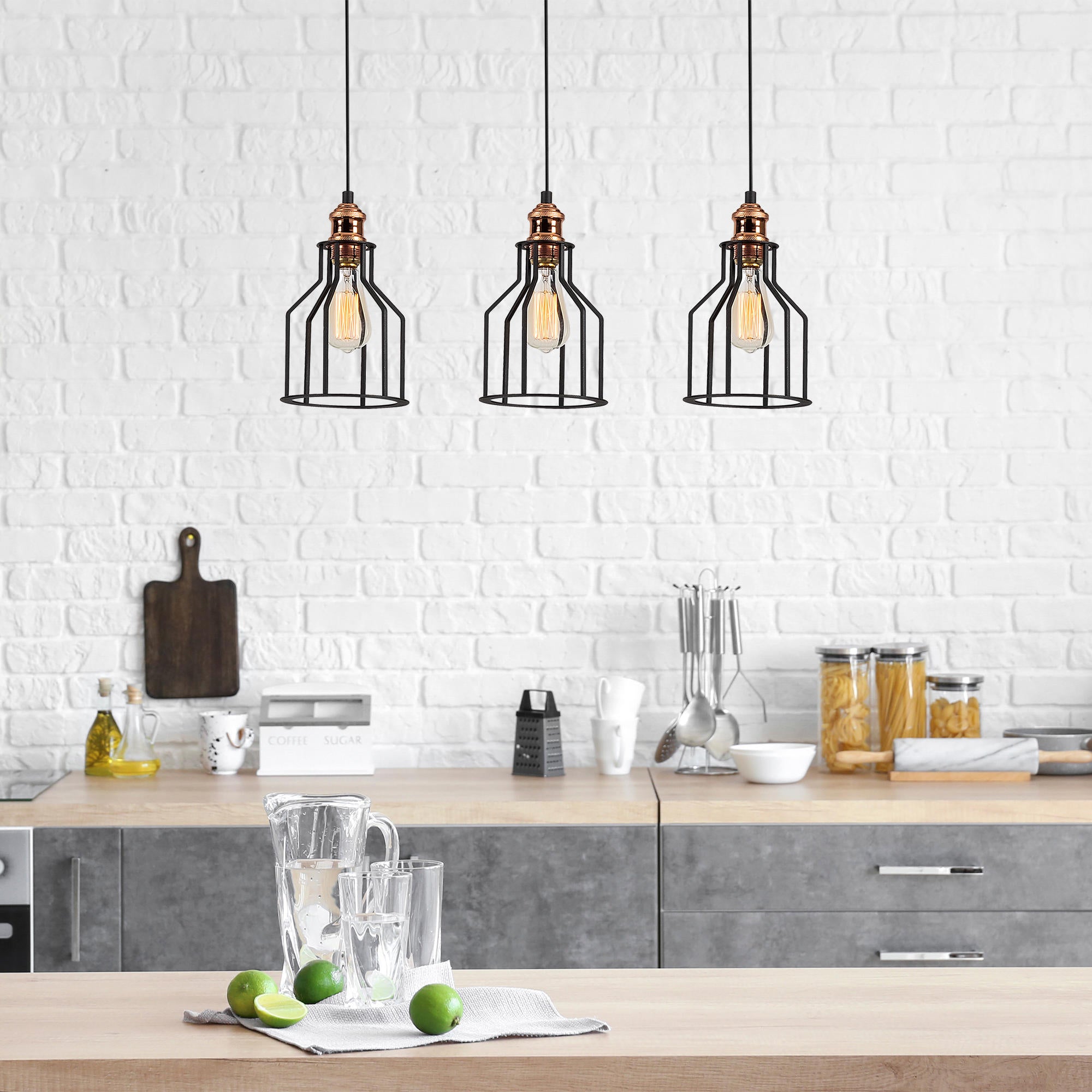 Candeeiro de Teto Industrial, Preto e Bronze, 67 x 17 cm, Altura 141 cm | Corpo de Metal, 3 x E27 Máx. 40 W | Design Escandinavo Moderno para Casa e Escritório