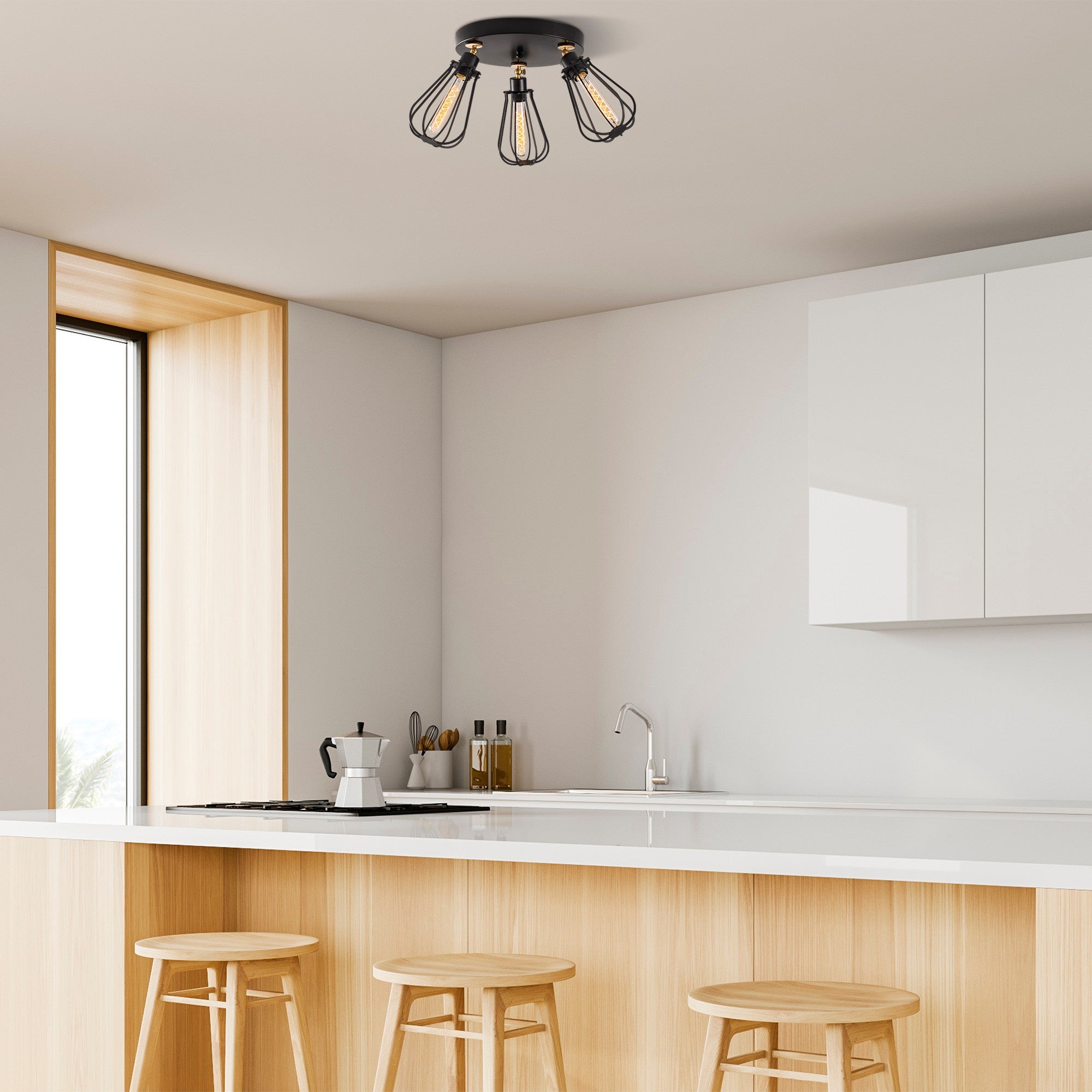 Candeeiro de Teto Industrial Moderno, Preto e Dourado, 57 cm de Diâmetro, 30 cm de Altura | Corpo em Metal, 3 Soquetes E27, Iluminação Elegante para Casa e Escritório