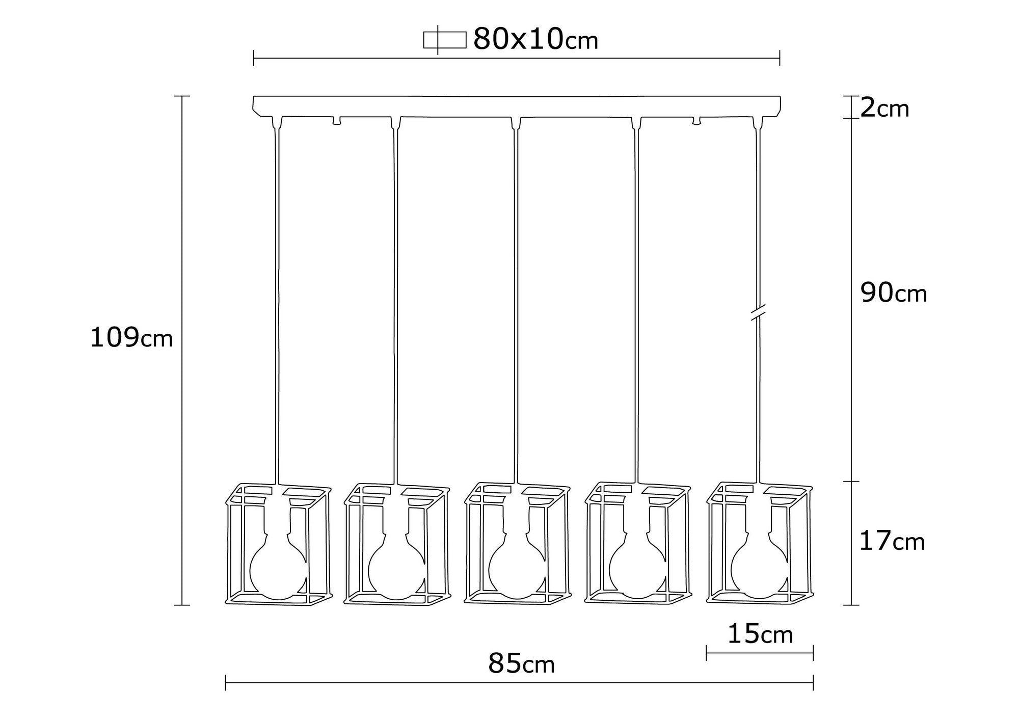 Candeeiro de Teto Industrial Preto, Corpo em Metal, 85 cm de Diâmetro, 109 cm de Altura | 5 Soquetes E27, 40 W Máx. | Iluminação Elegante para Espaços Modernos, Classificação IP20
