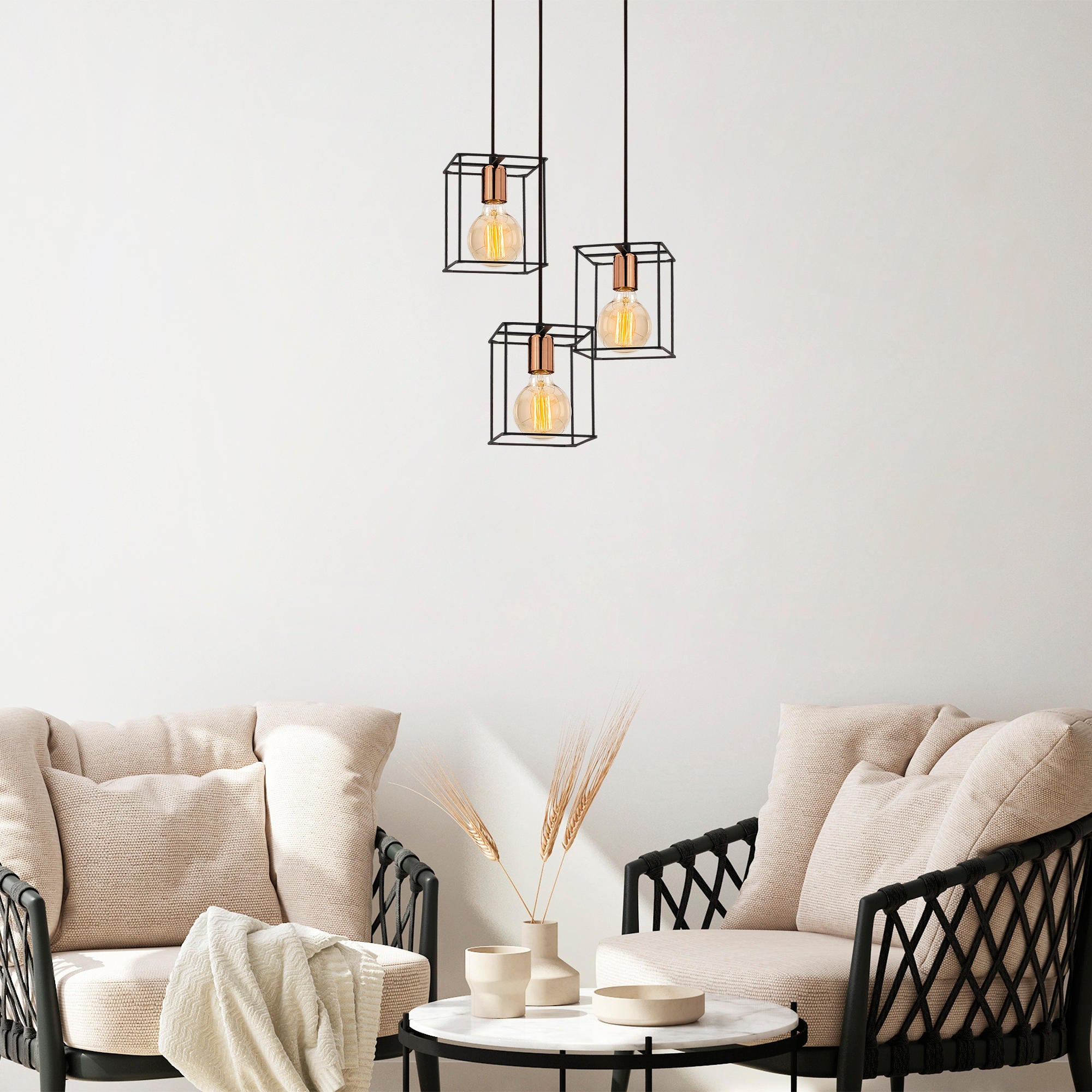 Candeeiro de Teto Industrial Moderno, Preto e Bronze, 36 cm de Diâmetro, 110 cm de Altura | 3 Soquetes E27, Cabo de 180 cm | Iluminação Elegante para Casa e Escritório