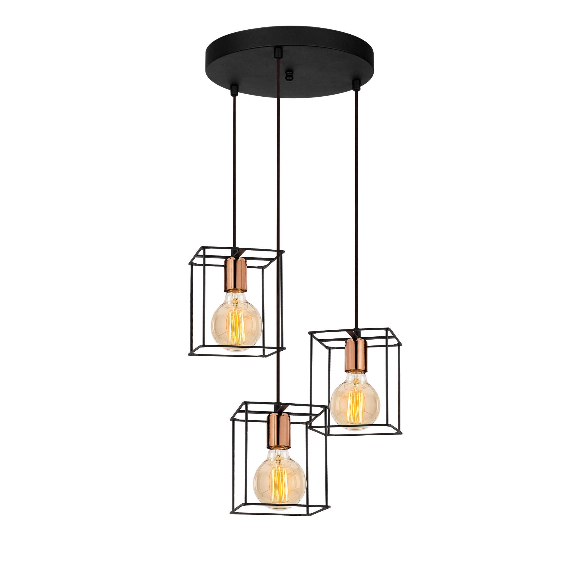 Candeeiro de Teto Industrial Moderno, Preto e Bronze, 36 cm de Diâmetro, 110 cm de Altura | 3 Soquetes E27, Cabo de 180 cm | Iluminação Elegante para Casa e Escritório