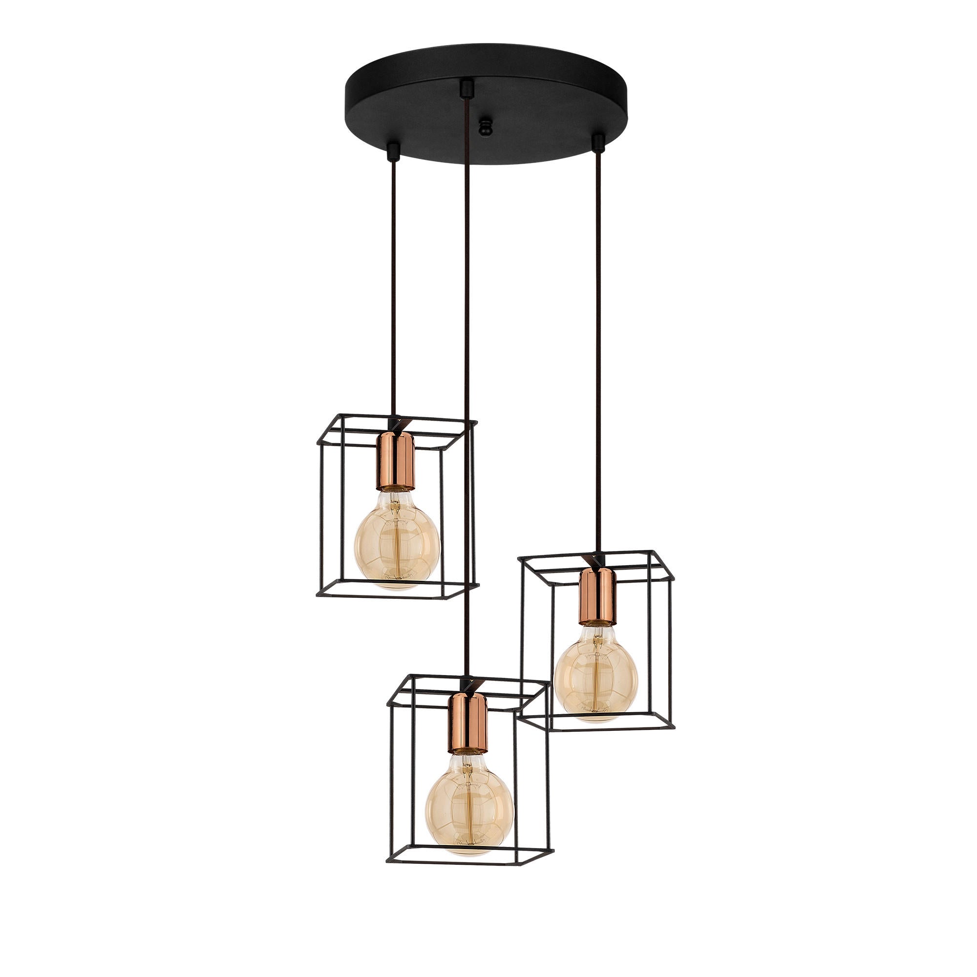 Candeeiro de Teto Industrial Moderno, Preto e Bronze, 36 cm de Diâmetro, 110 cm de Altura | 3 Soquetes E27, Cabo de 180 cm | Iluminação Elegante para Casa e Escritório