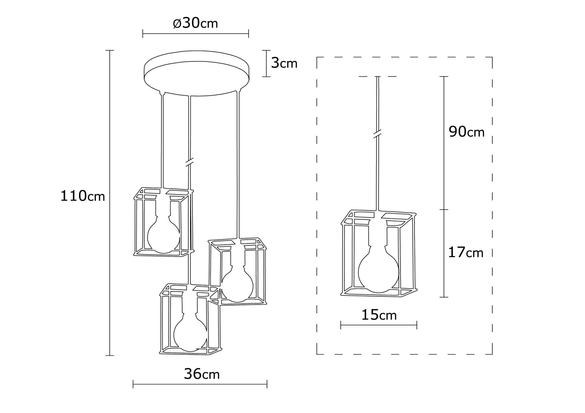 Candeeiro de Teto Industrial Moderno, Preto e Bronze, 36 cm de Diâmetro, 110 cm de Altura | 3 Soquetes E27, Cabo de 180 cm | Iluminação Elegante para Casa e Escritório