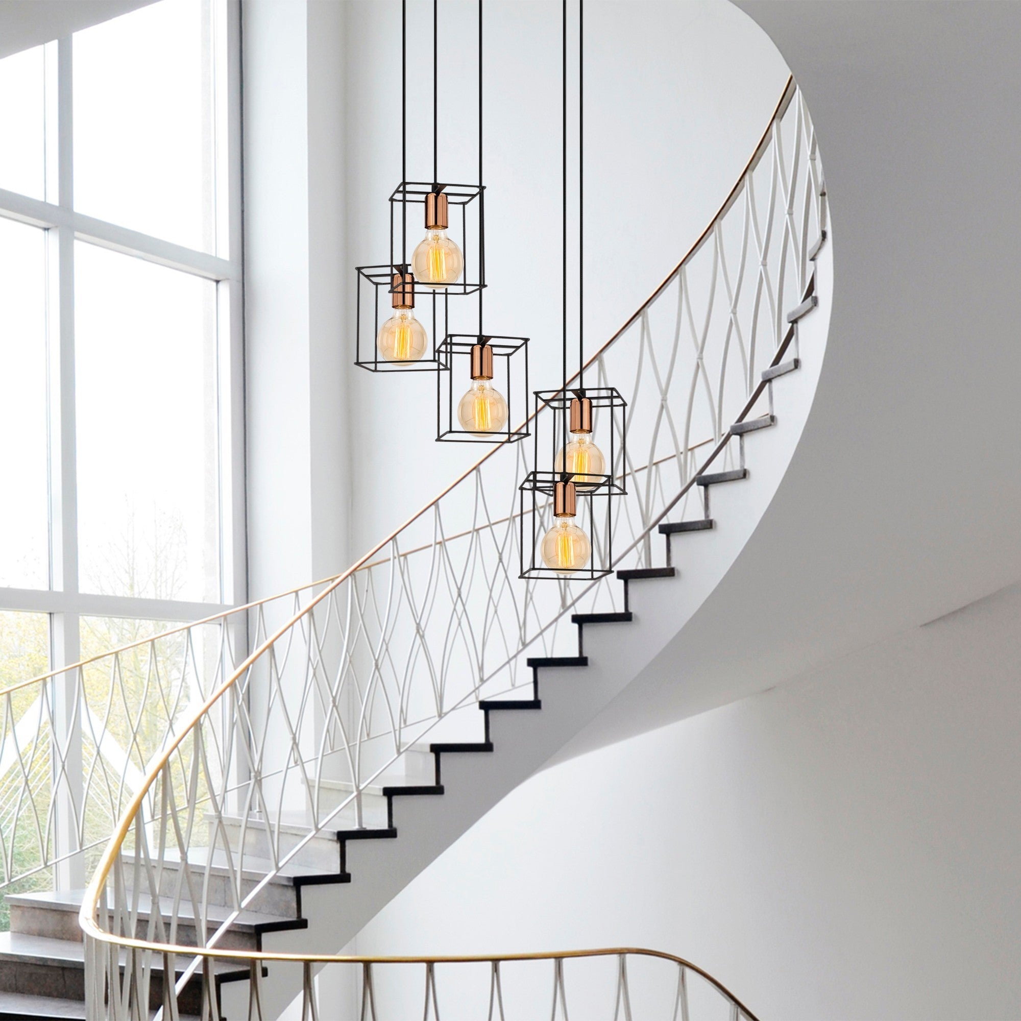 Candeeiro de Teto Industrial Preto, Corpo em Metal, 45 cm de Diâmetro, 110 cm de Altura | 5 x E27 Máx. 40 W | Design Elegante para Espaços Modernos, Classificação IP20, Cabo de 180 cm