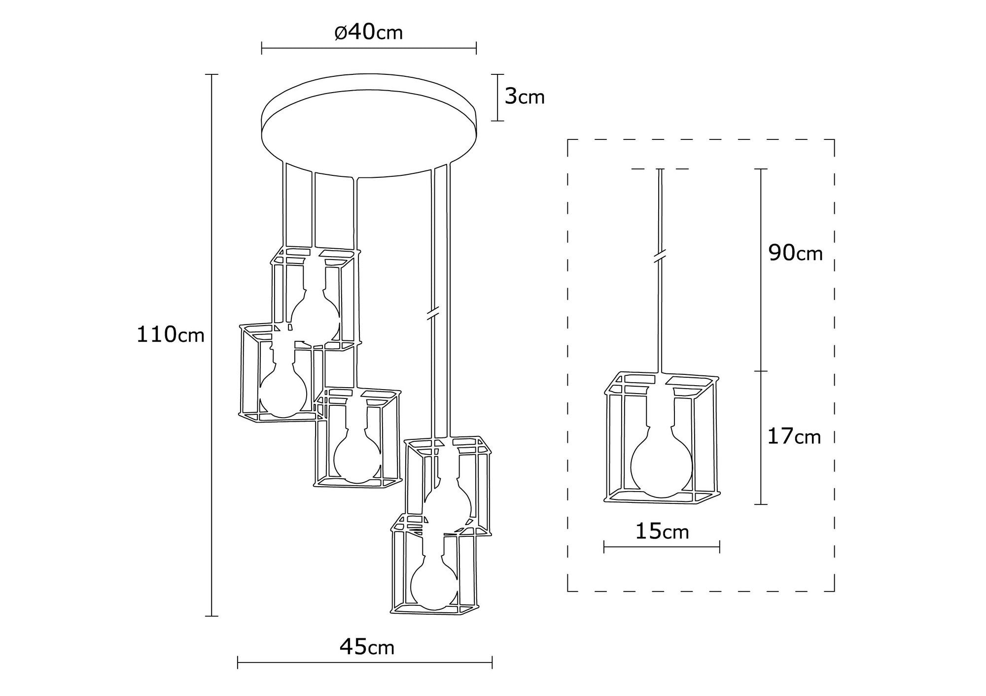 Candeeiro de Teto Industrial Preto, Corpo em Metal, 45 cm de Diâmetro, 110 cm de Altura | 5 x E27 Máx. 40 W | Design Elegante para Espaços Modernos, Classificação IP20, Cabo de 180 cm