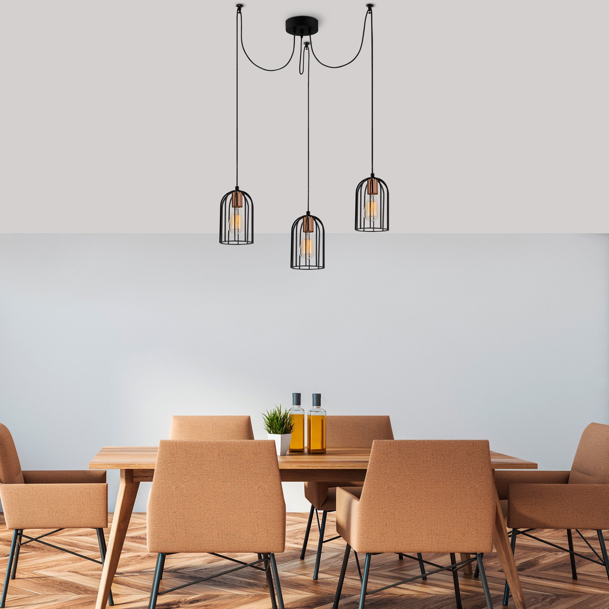 Candeeiro de Teto Industrial Moderno, Preto e Bronze, 104 x 14 cm, Altura 111 cm | 3 x E27 Máx. 40 W, IP20 | Iluminação Elegante para Casa e Escritório