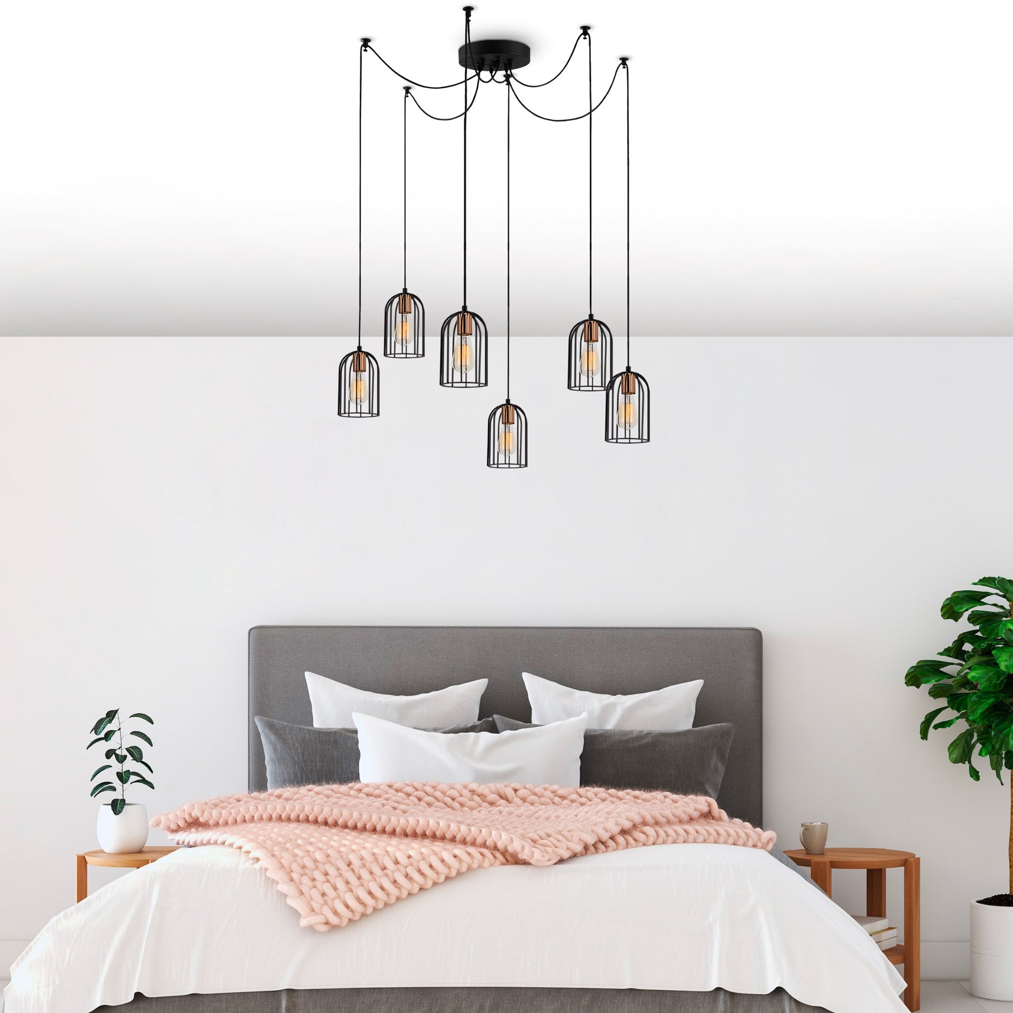 Candeeiro de Teto Industrial Moderno, Preto e Bronze, 134 cm de Diâmetro, 111 cm de Altura | 6 Soquetes E27, Cabo de 180 cm | Iluminação Elegante para Casa e Escritório