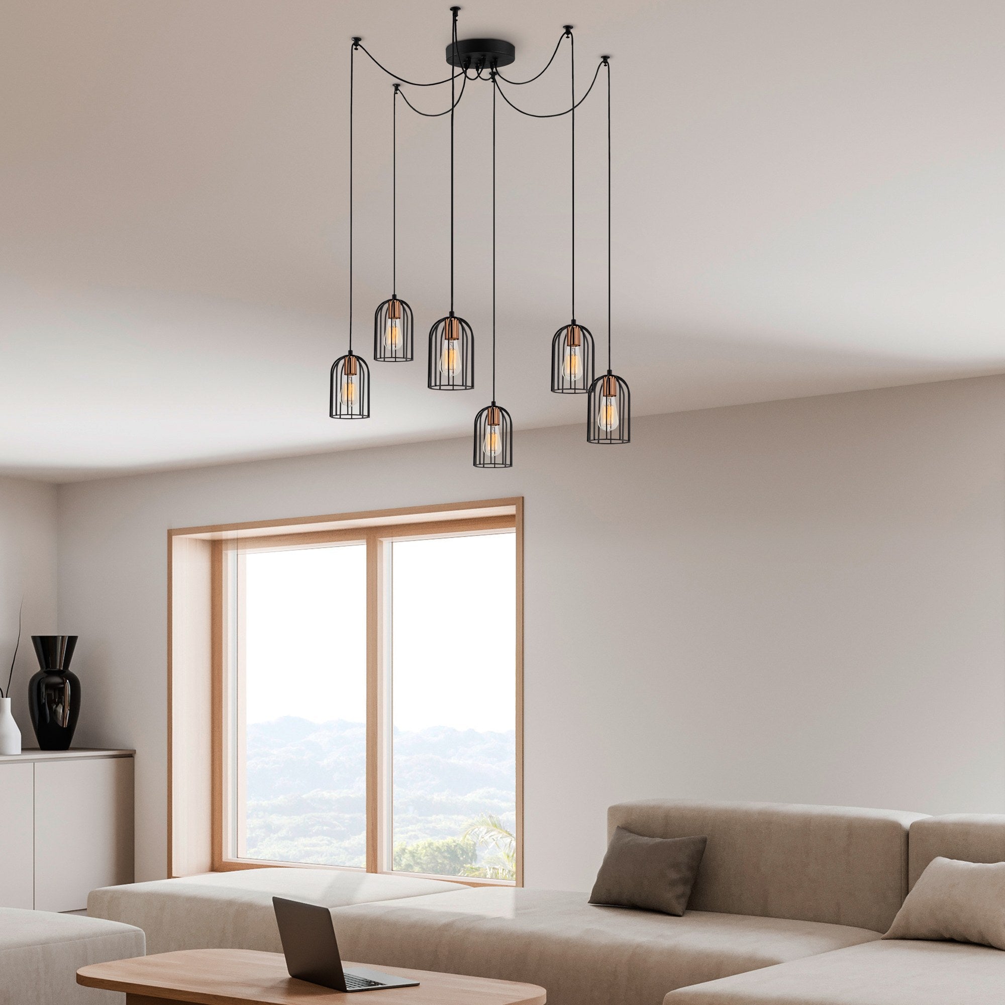 Candeeiro de Teto Industrial Moderno, Preto e Bronze, 134 cm de Diâmetro, 111 cm de Altura | 6 Soquetes E27, Cabo de 180 cm | Iluminação Elegante para Casa e Escritório