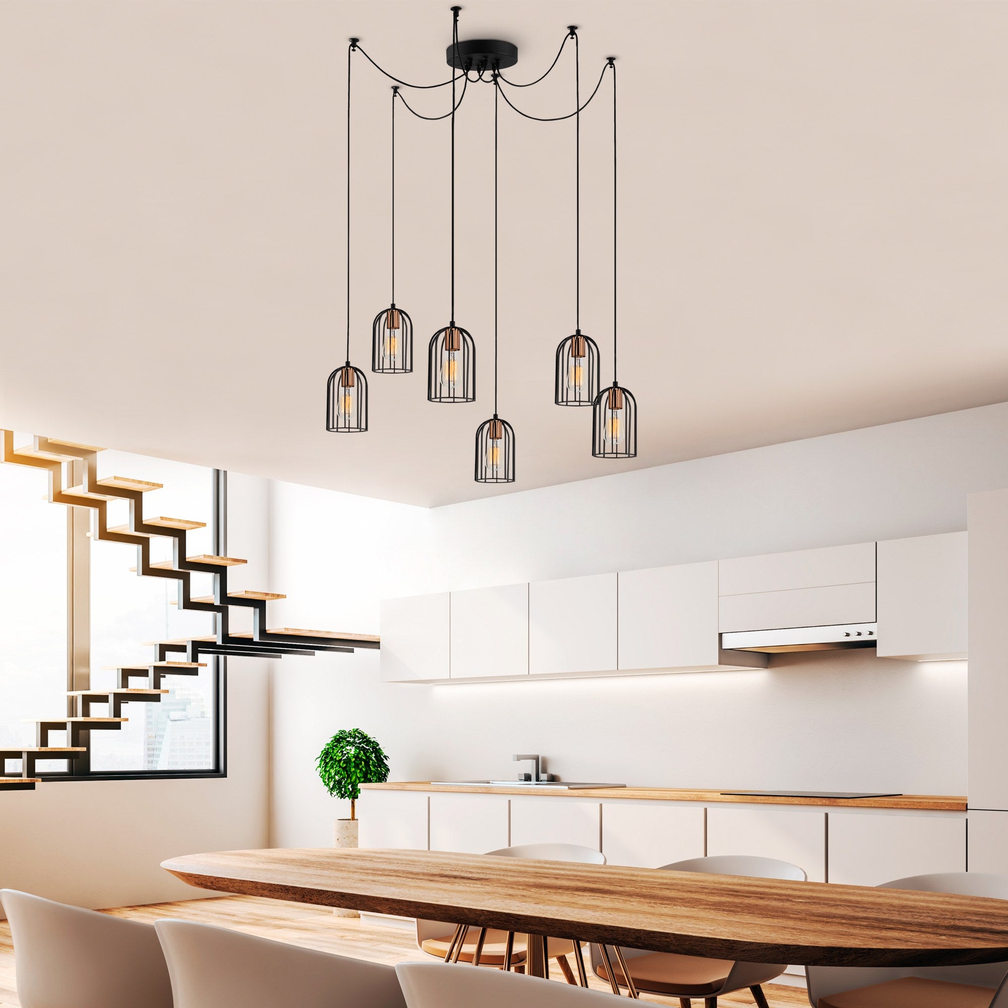 Candeeiro de Teto Industrial Moderno, Preto e Bronze, 134 cm de Diâmetro, 111 cm de Altura | 6 Soquetes E27, Cabo de 180 cm | Iluminação Elegante para Casa e Escritório