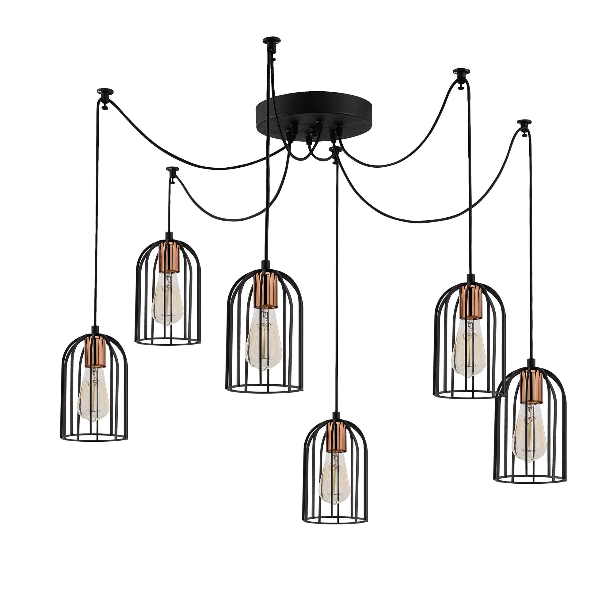 Candeeiro de Teto Industrial Moderno, Preto e Bronze, 134 cm de Diâmetro, 111 cm de Altura | 6 Soquetes E27, Cabo de 180 cm | Iluminação Elegante para Casa e Escritório