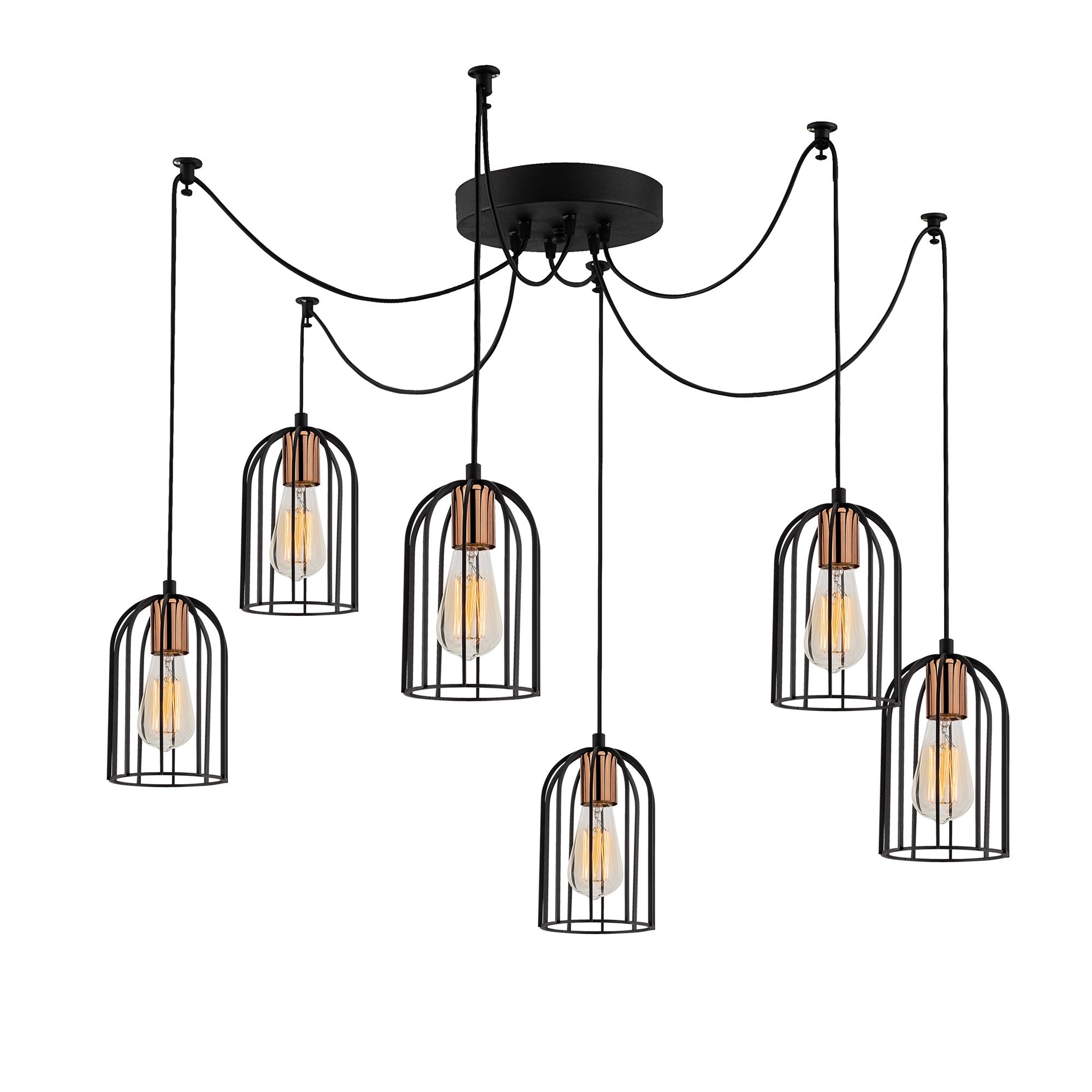 Candeeiro de Teto Industrial Moderno, Preto e Bronze, 134 cm de Diâmetro, 111 cm de Altura | 6 Soquetes E27, Cabo de 180 cm | Iluminação Elegante para Casa e Escritório