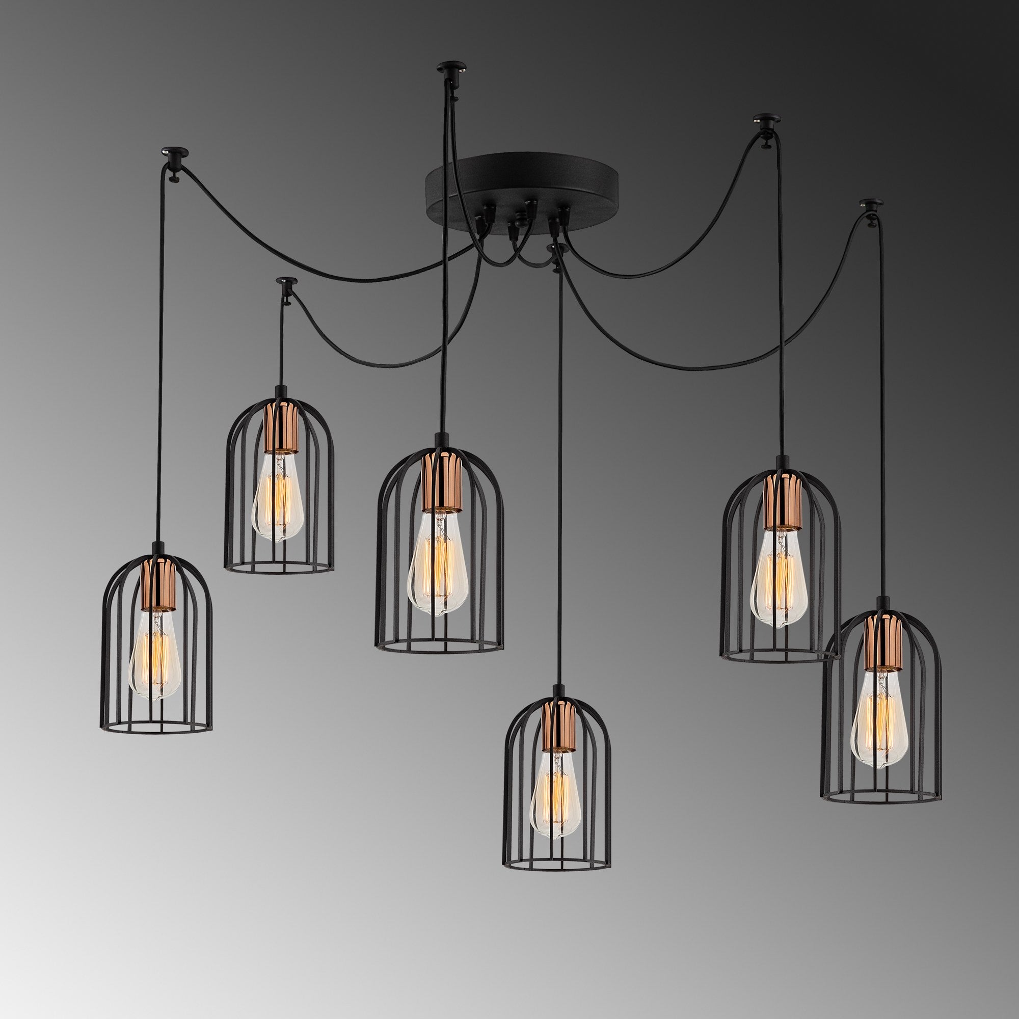 Candeeiro de Teto Industrial Moderno, Preto e Bronze, 134 cm de Diâmetro, 111 cm de Altura | 6 Soquetes E27, Cabo de 180 cm | Iluminação Elegante para Casa e Escritório