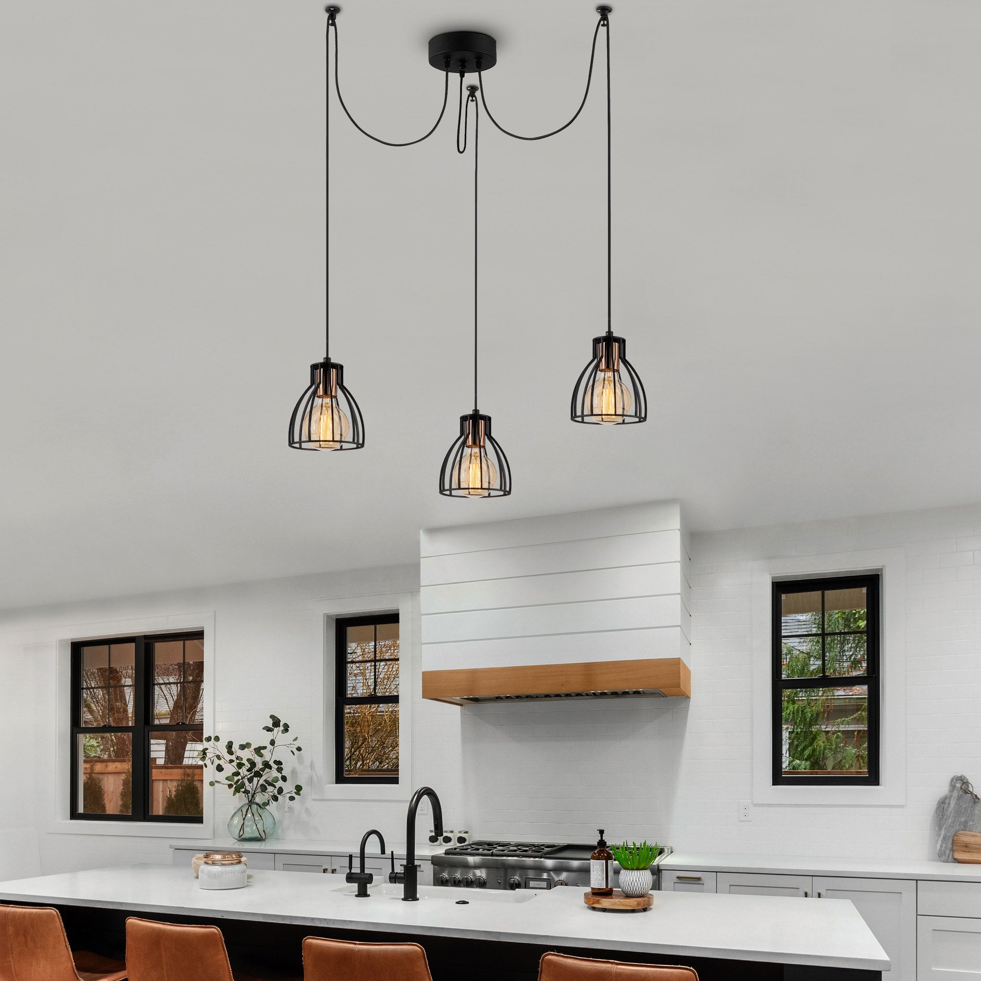 Candeeiro de Teto Industrial Preto, 105 cm de Diâmetro, 106 cm de Altura | Corpo de Metal, 3 Soquetes E27, Cabo de 180 cm | Iluminação Elegante para Espaços Modernos