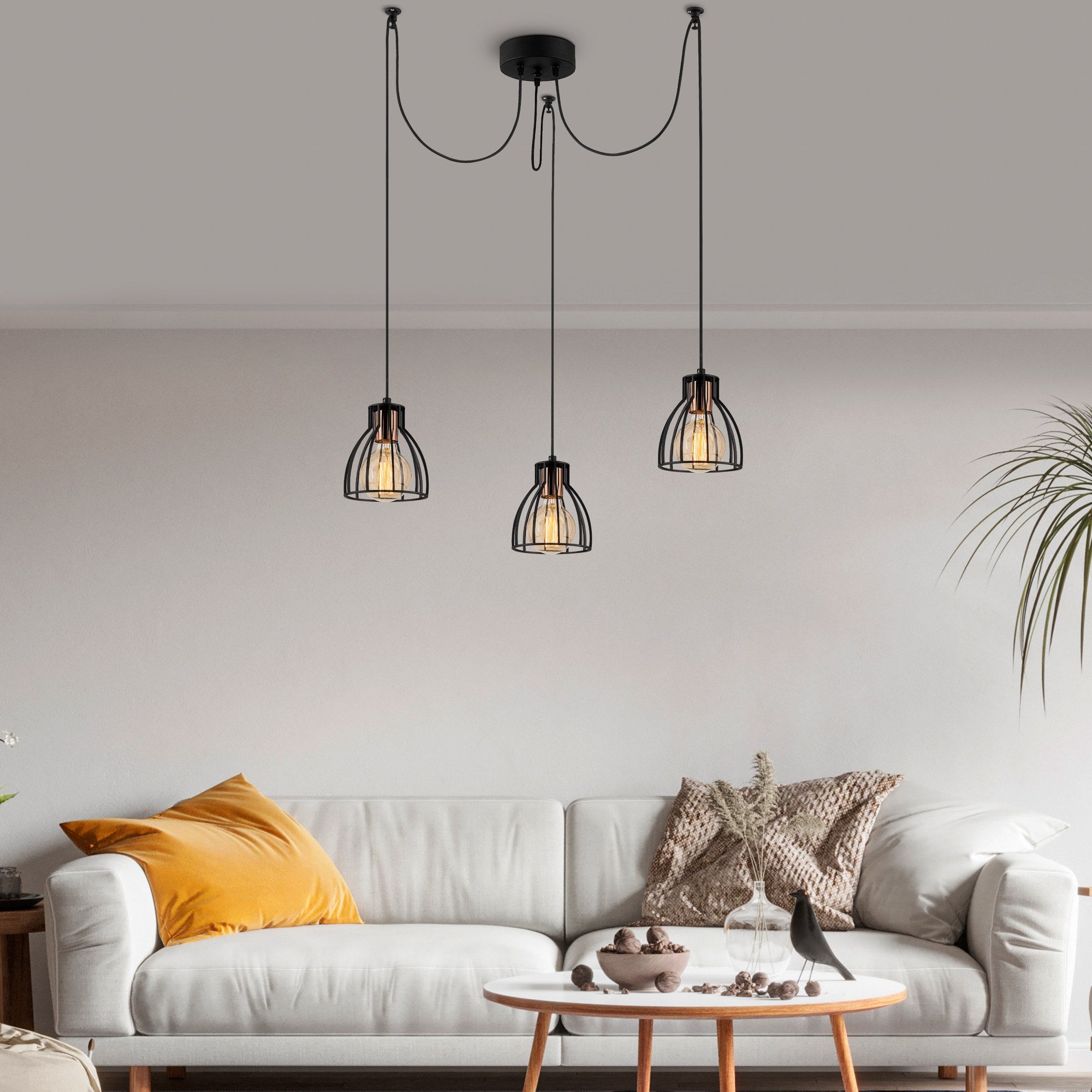 Candeeiro de Teto Industrial Preto, 105 cm de Diâmetro, 106 cm de Altura | Corpo de Metal, 3 Soquetes E27, Cabo de 180 cm | Iluminação Elegante para Espaços Modernos