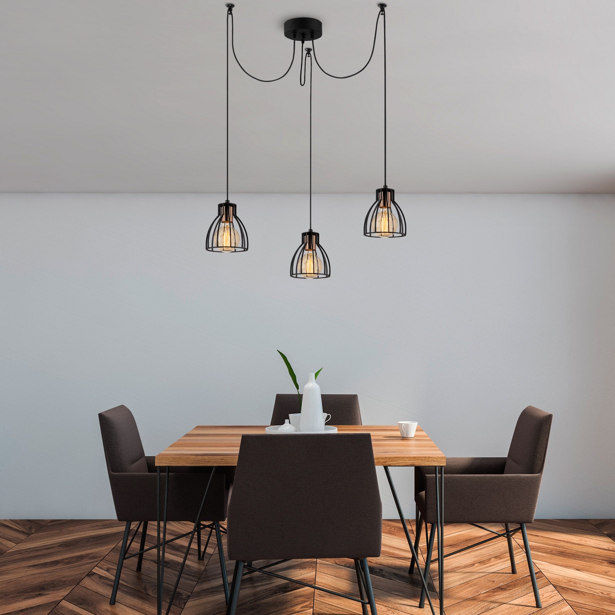 Candeeiro de Teto Industrial Preto, 105 cm de Diâmetro, 106 cm de Altura | Corpo de Metal, 3 Soquetes E27, Cabo de 180 cm | Iluminação Elegante para Espaços Modernos