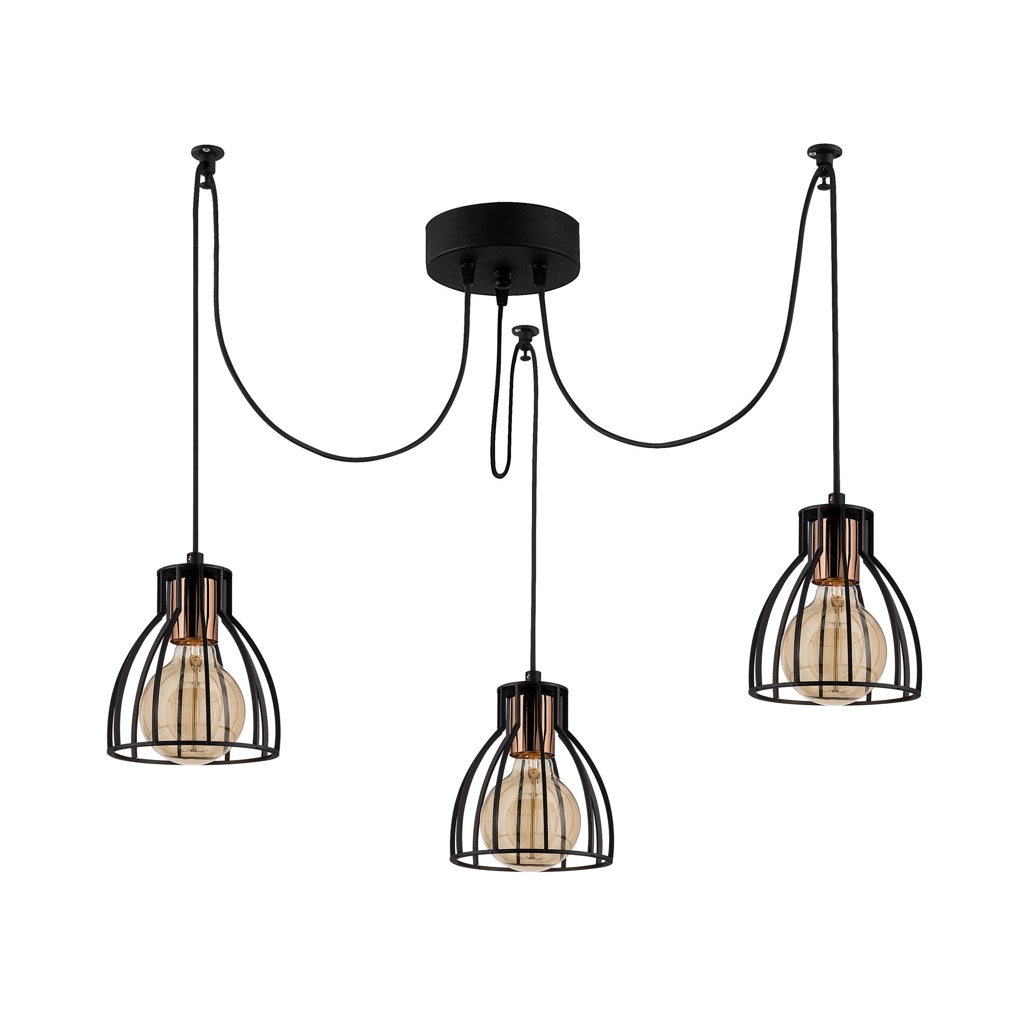 Candeeiro de Teto Industrial Preto, 105 cm de Diâmetro, 106 cm de Altura | Corpo de Metal, 3 Soquetes E27, Cabo de 180 cm | Iluminação Elegante para Espaços Modernos