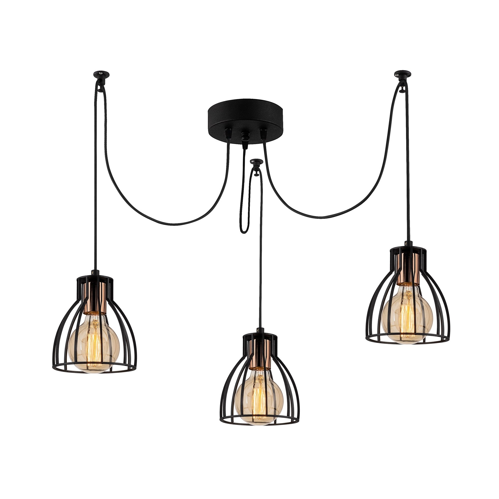 Candeeiro de Teto Industrial Preto, 105 cm de Diâmetro, 106 cm de Altura | Corpo de Metal, 3 Soquetes E27, Cabo de 180 cm | Iluminação Elegante para Espaços Modernos