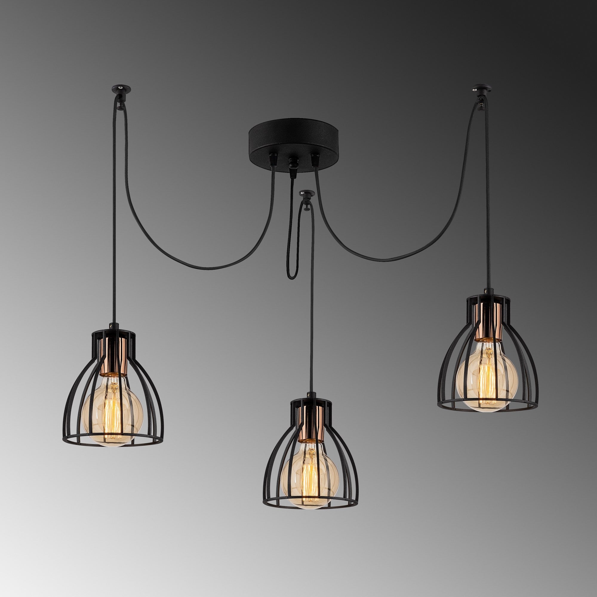 Candeeiro de Teto Industrial Preto, 105 cm de Diâmetro, 106 cm de Altura | Corpo de Metal, 3 Soquetes E27, Cabo de 180 cm | Iluminação Elegante para Espaços Modernos