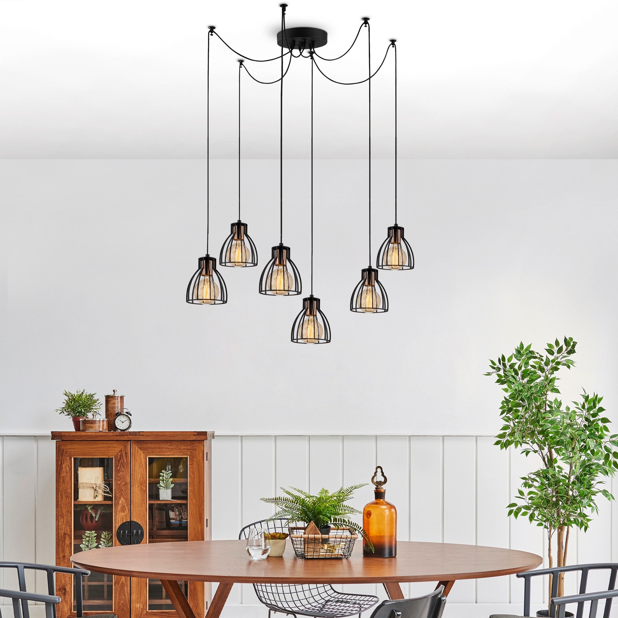 Candeeiro de Teto Industrial Preto, 135 cm de Diâmetro, 106 cm de Altura | Corpo de Metal, 6 Soquetes E27, Cabo de 180 cm | Iluminação Elegante para Espaços Modernos