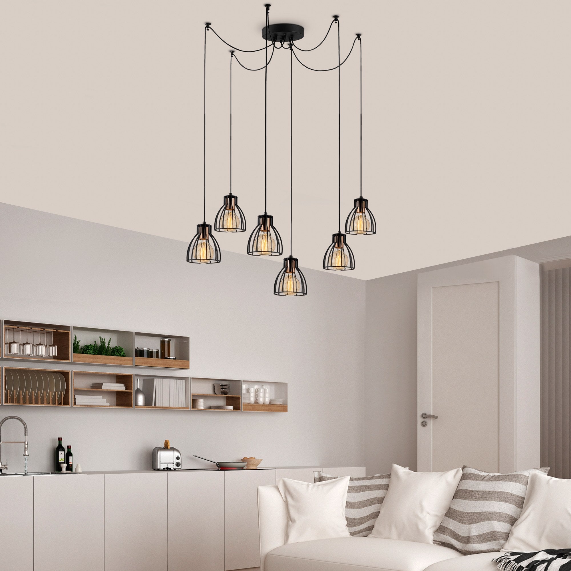 Candeeiro de Teto Industrial Preto, 135 cm de Diâmetro, 106 cm de Altura | Corpo de Metal, 6 Soquetes E27, Cabo de 180 cm | Iluminação Elegante para Espaços Modernos