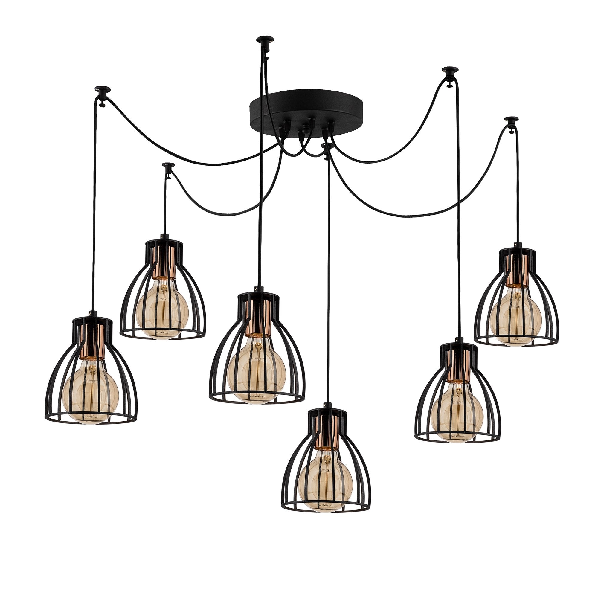 Candeeiro de Teto Industrial Preto, 135 cm de Diâmetro, 106 cm de Altura | Corpo de Metal, 6 Soquetes E27, Cabo de 180 cm | Iluminação Elegante para Espaços Modernos