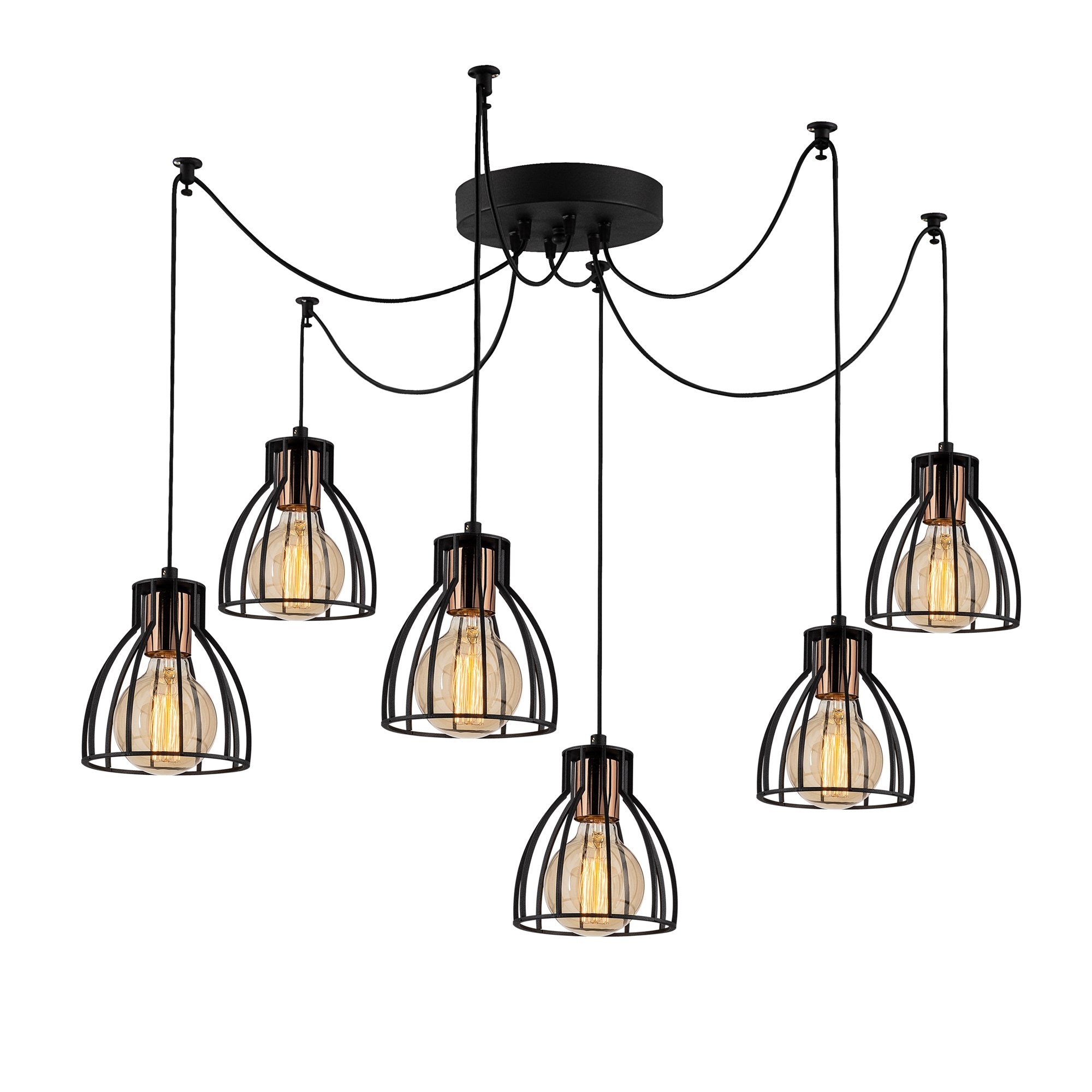 Candeeiro de Teto Industrial Preto, 135 cm de Diâmetro, 106 cm de Altura | Corpo de Metal, 6 Soquetes E27, Cabo de 180 cm | Iluminação Elegante para Espaços Modernos