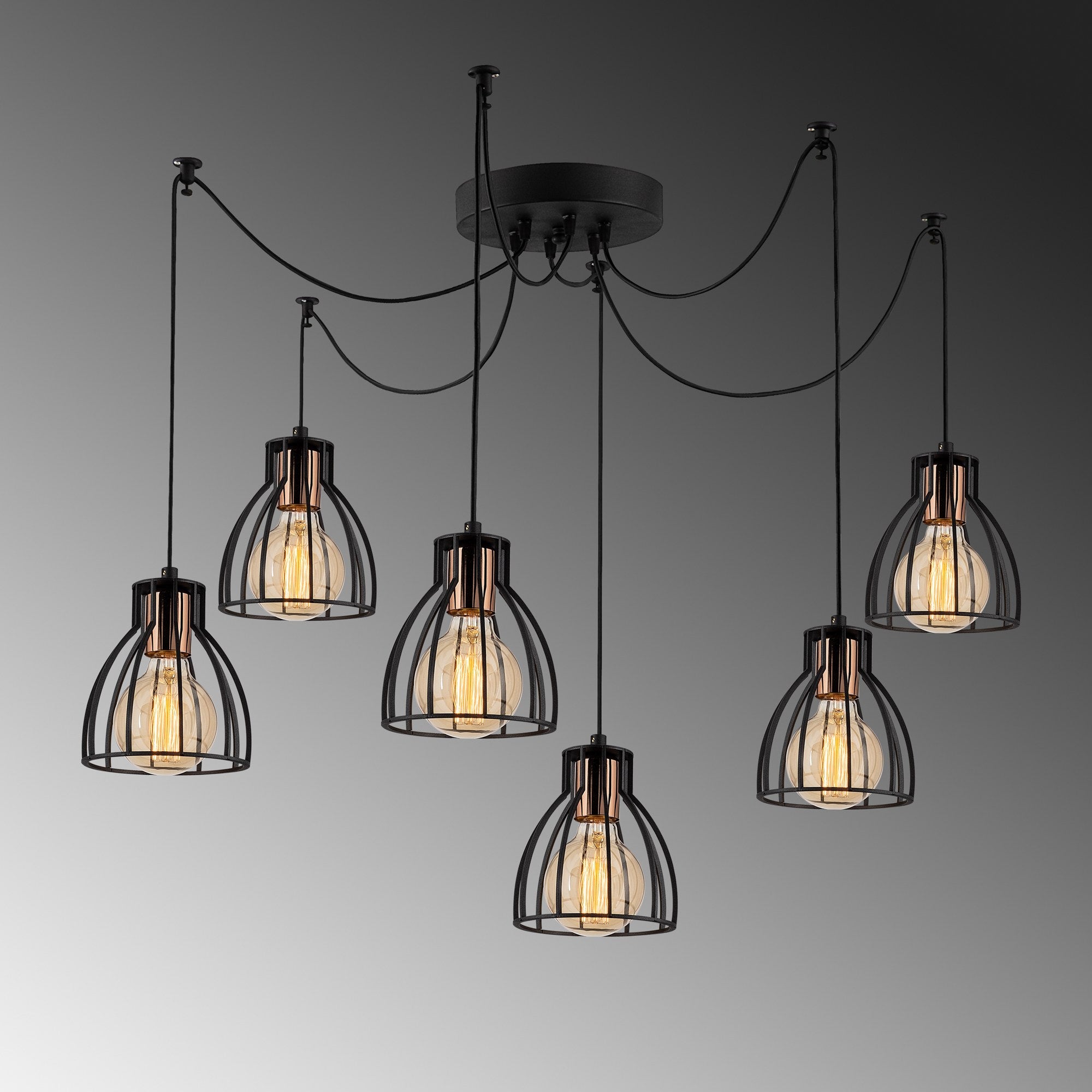 Candeeiro de Teto Industrial Preto, 135 cm de Diâmetro, 106 cm de Altura | Corpo de Metal, 6 Soquetes E27, Cabo de 180 cm | Iluminação Elegante para Espaços Modernos