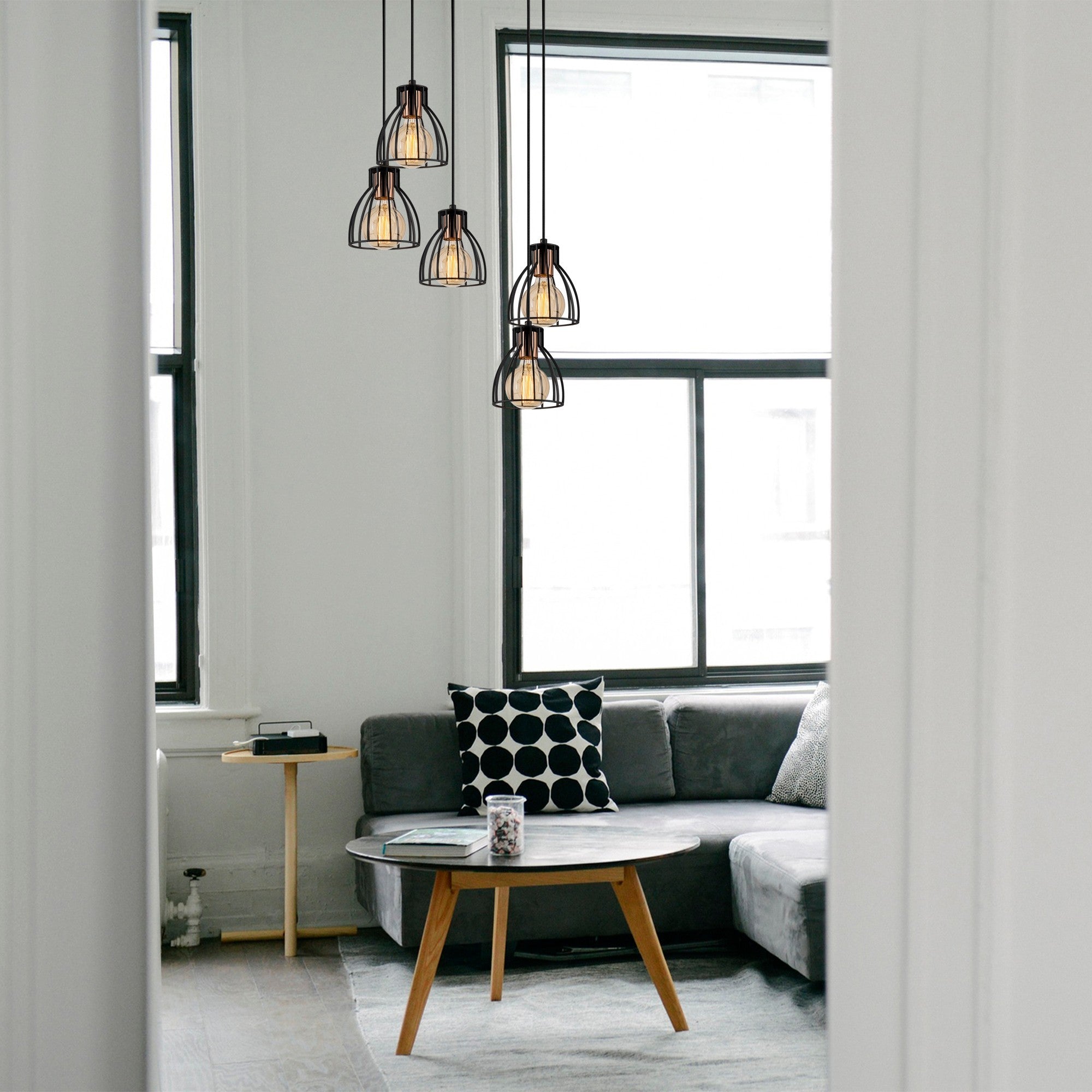 Candeeiro de Teto Industrial Preto, 47 cm de Diâmetro, 109 cm de Altura | Corpo em Ferro, 5 x E27 máx. 40 W | Iluminação Elegante para Espaços Modernos, Classificação IP20