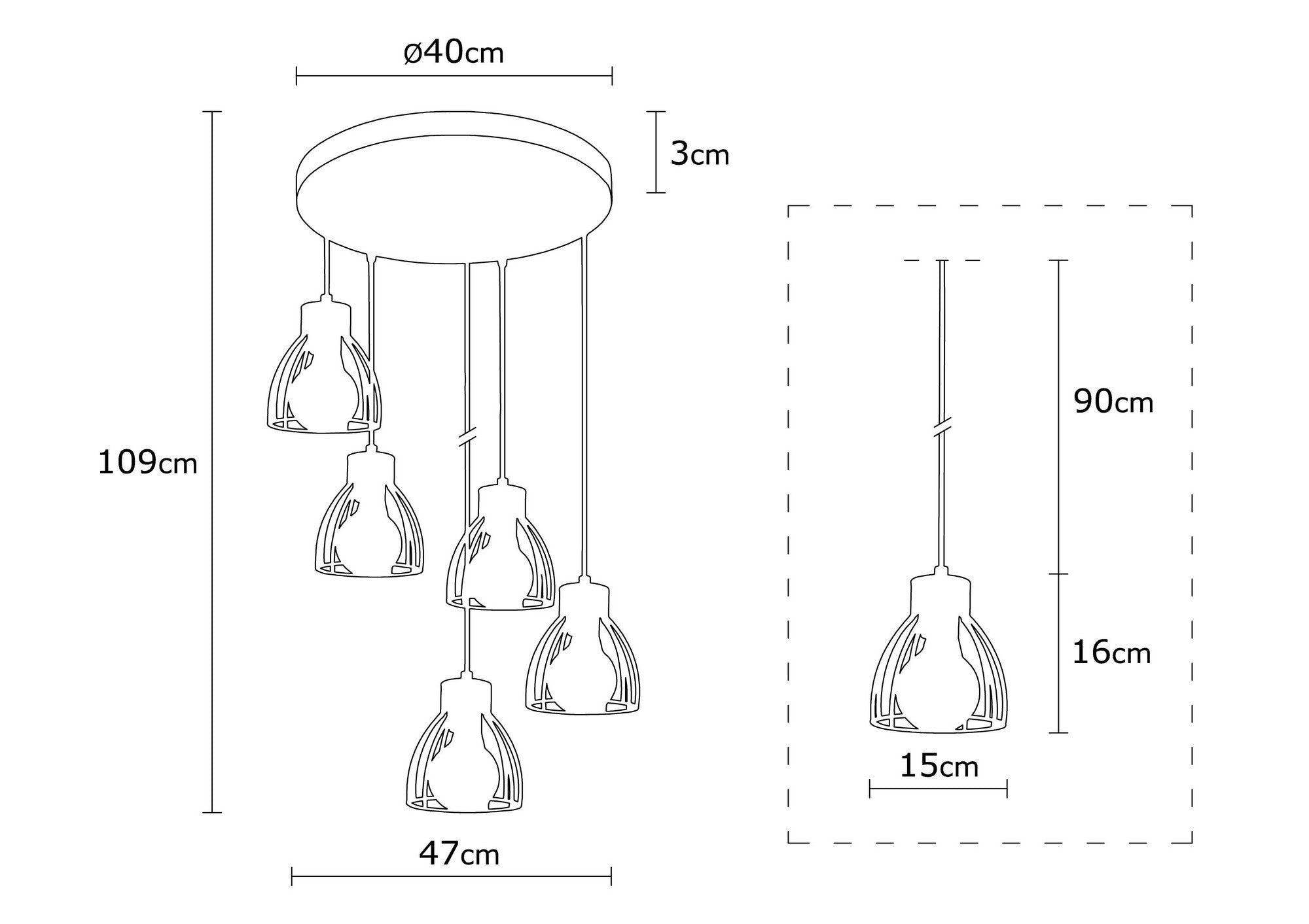 Candeeiro de Teto Industrial Preto, 47 cm de Diâmetro, 109 cm de Altura | Corpo em Ferro, 5 x E27 máx. 40 W | Iluminação Elegante para Espaços Modernos, Classificação IP20