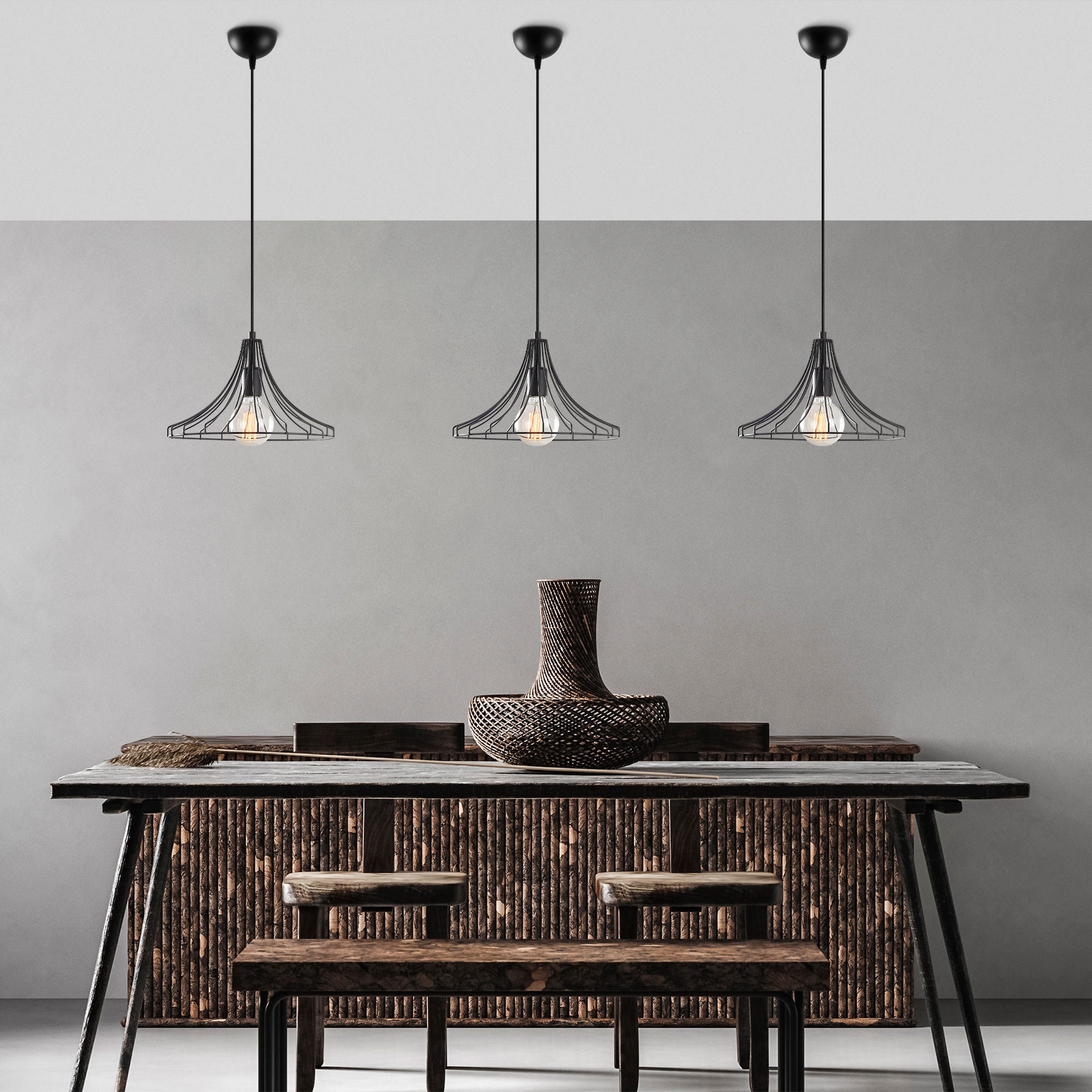 Candeeiro de Teto preto moderno, 37 cm de diâmetro, 126 cm de altura | Corpo de ferro, soquete E27, 40 W máx. | Design industrial e escandinavo elegante para decoração de casa