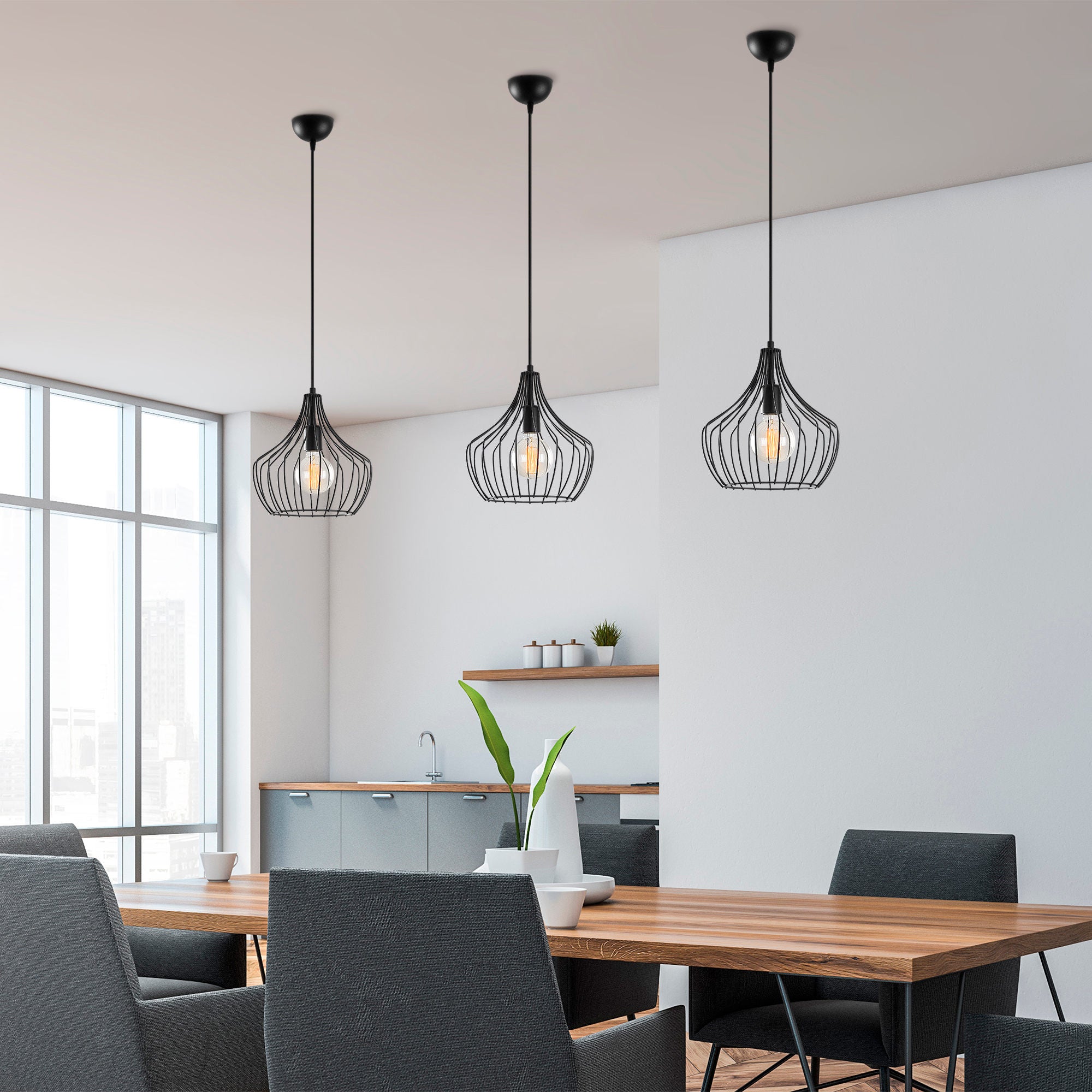 Candeeiro de Teto preto moderno, 27 cm de diâmetro, 126 cm de altura | Corpo de metal, soquete E27, cabo de 90 cm | Design industrial e escandinavo elegante para decoração de casa
