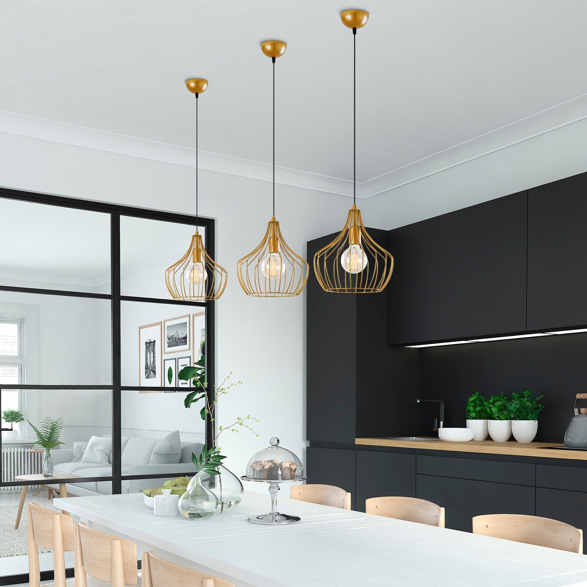 Candeeiro de Teto Dourado Elegante, 27 cm de Diâmetro, 126 cm de Altura | Corpo em Metal, Soquete E27, Design Moderno e Glamouroso | Perfeito para Salas de Estar e Salas de Jantar