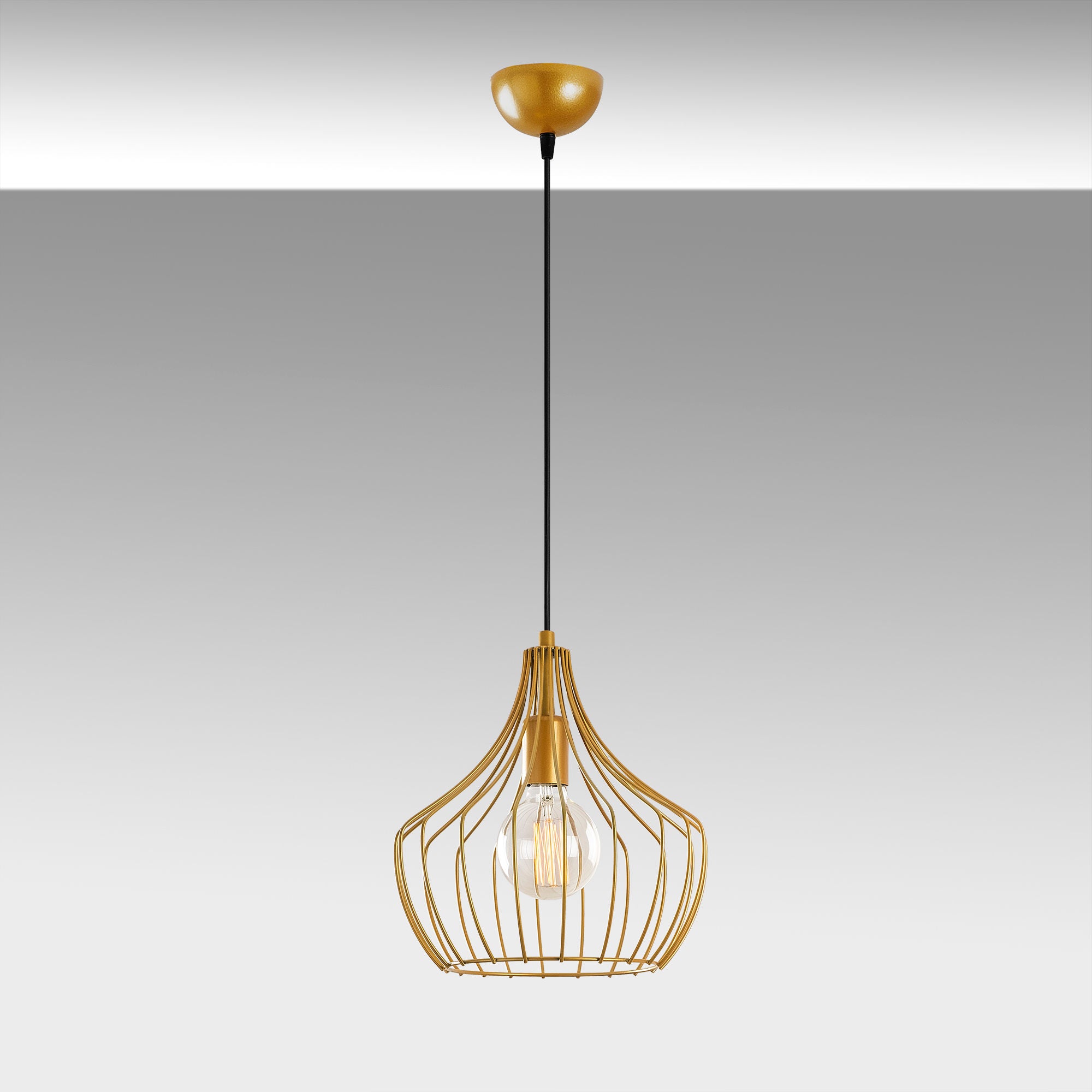 Candeeiro de Teto Dourado Elegante, 27 cm de Diâmetro, 126 cm de Altura | Corpo em Metal, Soquete E27, Design Moderno e Glamouroso | Perfeito para Salas de Estar e Salas de Jantar