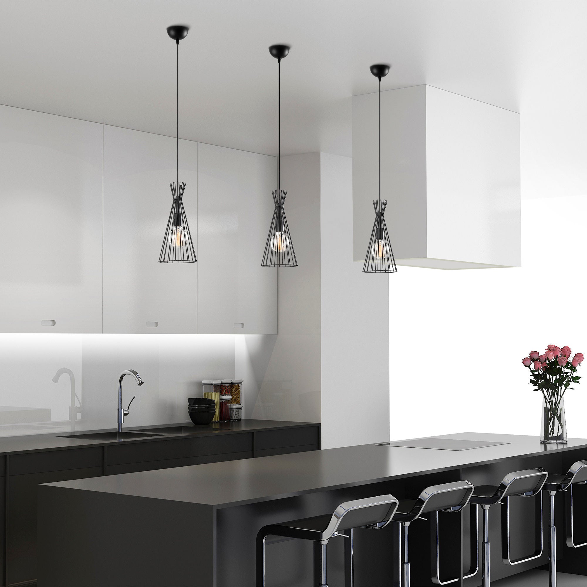 Candeeiro de Teto Preto Moderno, 20 cm de Diâmetro, 136 cm de Altura | Corpo em Metal, Soquete E27, IP20 | Design Industrial e Escandinavo Elegante para Decoração de Casa