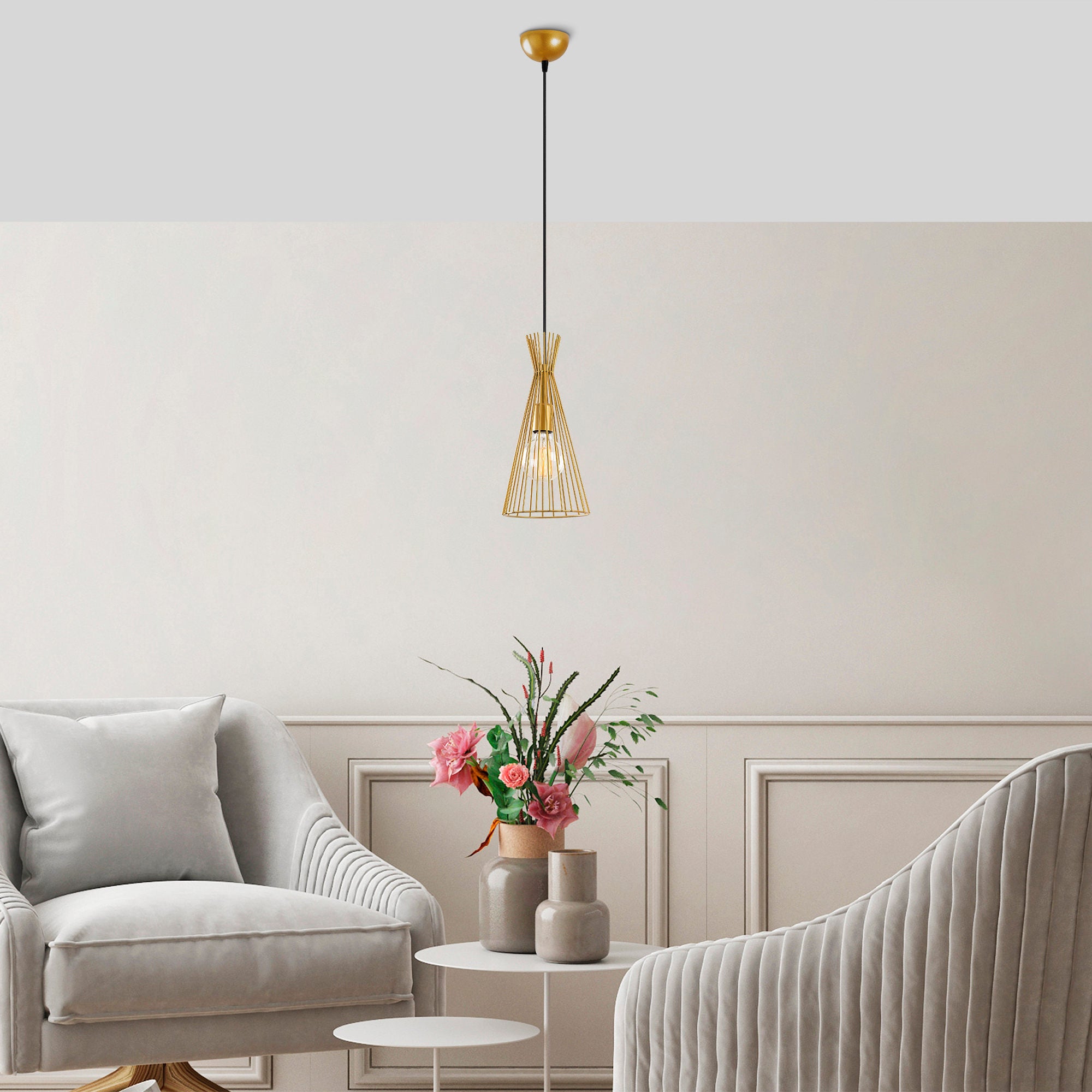 Candeeiro de Teto Dourado Elegante, 20 cm de Diâmetro, 136 cm de Altura | Corpo em Metal, Soquete E27, 40 W Máx. | Design Moderno e Glamouroso para Decoração de Casa e Hotel