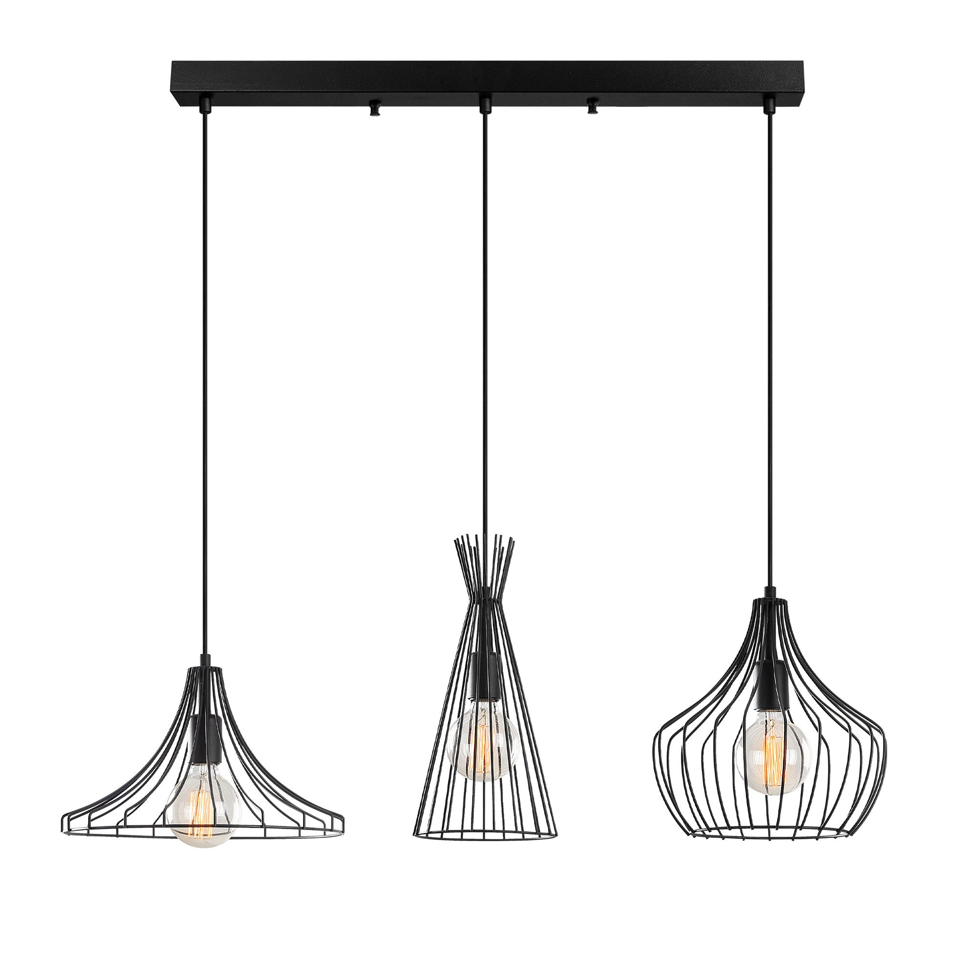 Candeeiro de Teto preto moderno, corpo de metal, 55 cm de diâmetro, altura ajustável (113 cm), 3 soquetes E27, design industrial elegante para casa e escritório