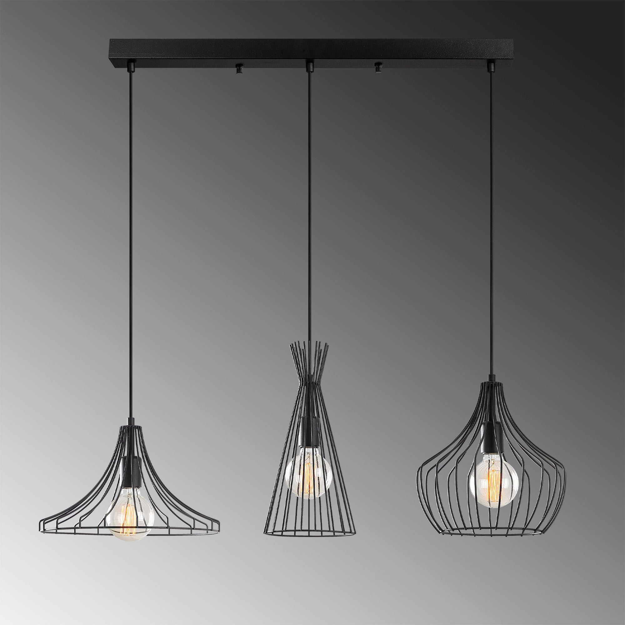 Candeeiro de Teto preto moderno, corpo de metal, 55 cm de diâmetro, altura ajustável (113 cm), 3 soquetes E27, design industrial elegante para casa e escritório