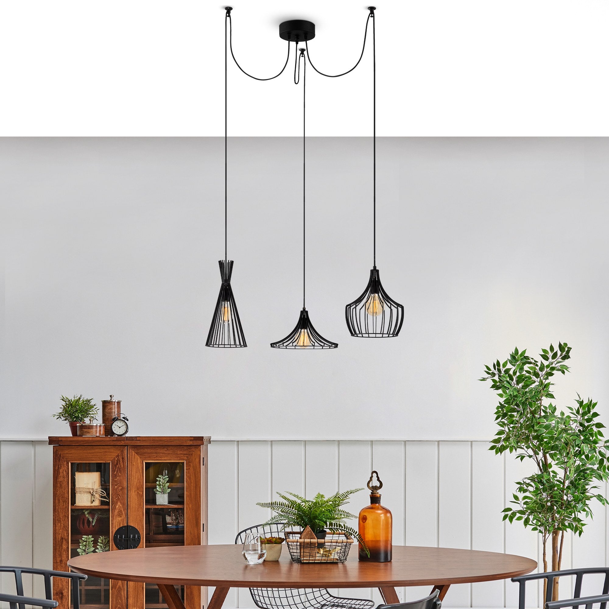 Candeeiro de Teto preto moderno, 114 cm de diâmetro, altura ajustável, corpo de ferro, 3 lâmpadas E27 máx. 40 W, design industrial elegante para casa e escritório | IP20