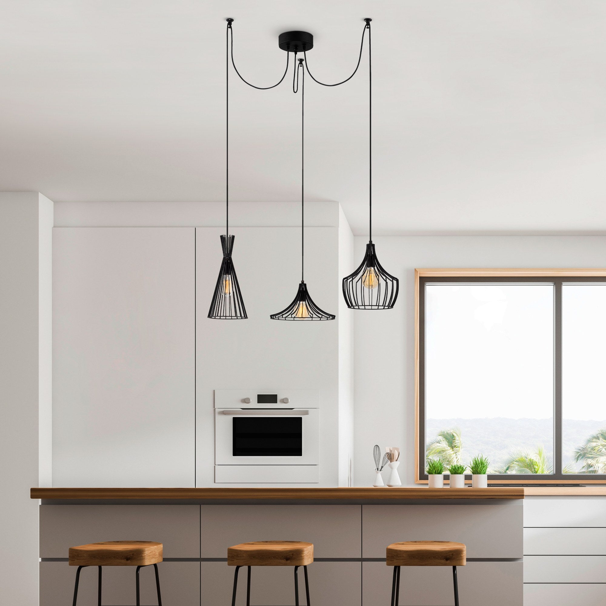 Candeeiro de Teto preto moderno, 114 cm de diâmetro, altura ajustável, corpo de ferro, 3 lâmpadas E27 máx. 40 W, design industrial elegante para casa e escritório | IP20