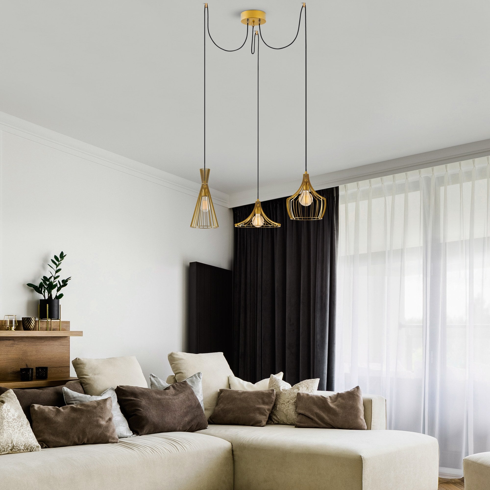 Candeeiro de Teto moderno dourado, 114 cm de diâmetro, altura ajustável, corpo de metal, 3 lâmpadas E27 máx. 40 W, design elegante para casa e escritório | Classificação IP20